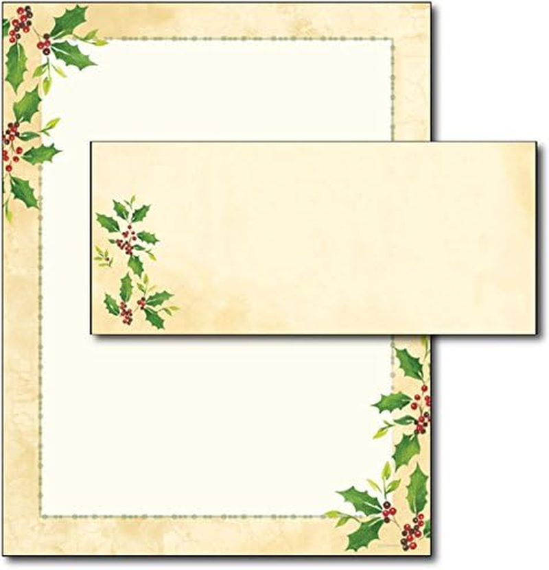 Falling Holly Christmas Letterhead Paper & Envelopes – 40 Sets