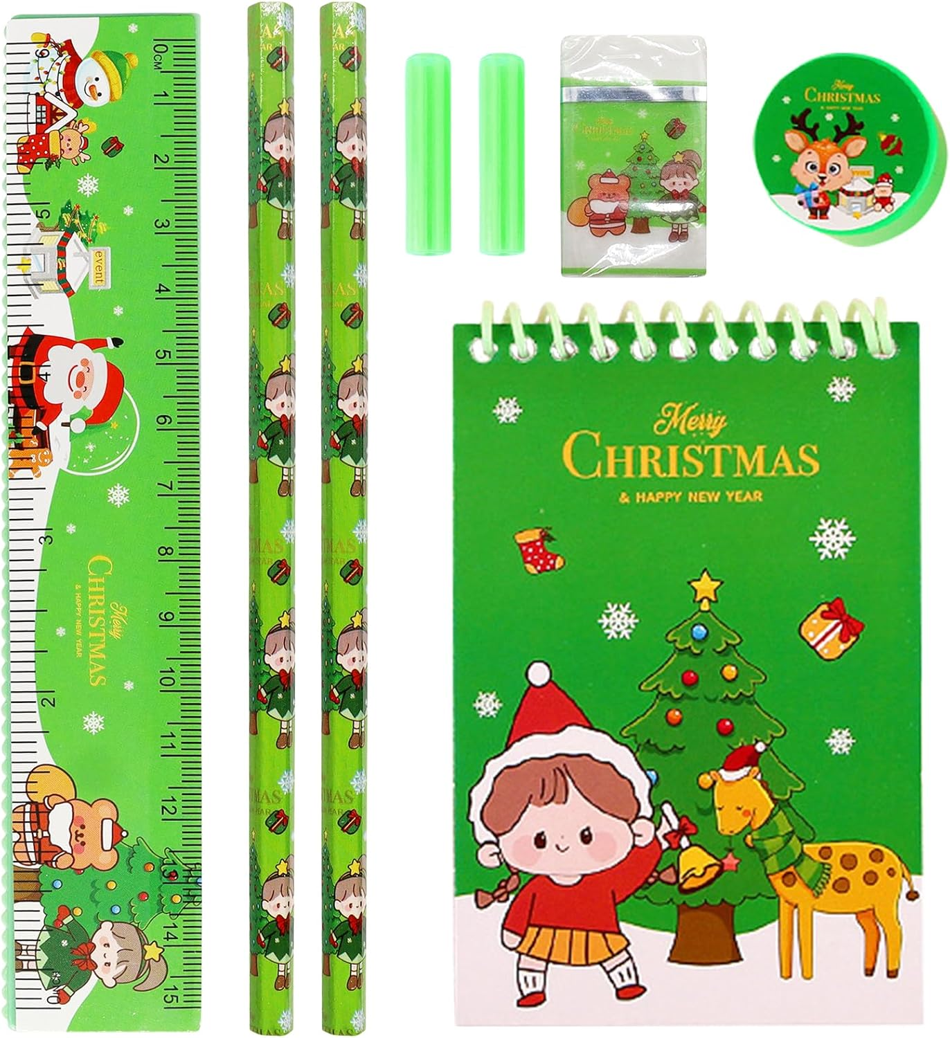 KIKVTER Christmas Stationery Set, 8 Pieces Stationery Gift Set, Christmas Pens, Christmas Notebook, Eraser Christmas, Sharpener, Ruler, Suitable for Party Bags Christmas Children