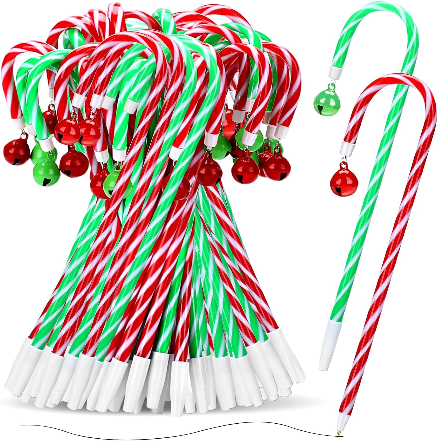 Pasimy 72 Pcs Christmas Candy Cane Pen Bulk Party Favor Xmas Candy Cane Shaped with Bell Umbrella Cane Ballpoint Pens Black Ink Red and Green Stripes Pens for Classroom Office Stationery Gift Supplies