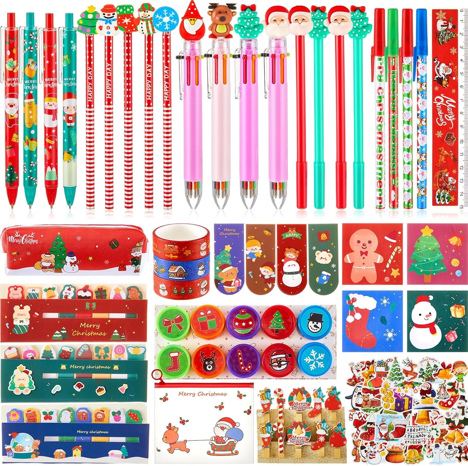 Jetec 62 Pieces Christmas Stationery Set Christmas Pen Case and Christmas Ballpoint Pens Christmas Gel Ink Pen and Christmas Stampers Pencils Rulers Memo Stickers Bookmarks Clips for Christmas Gifts