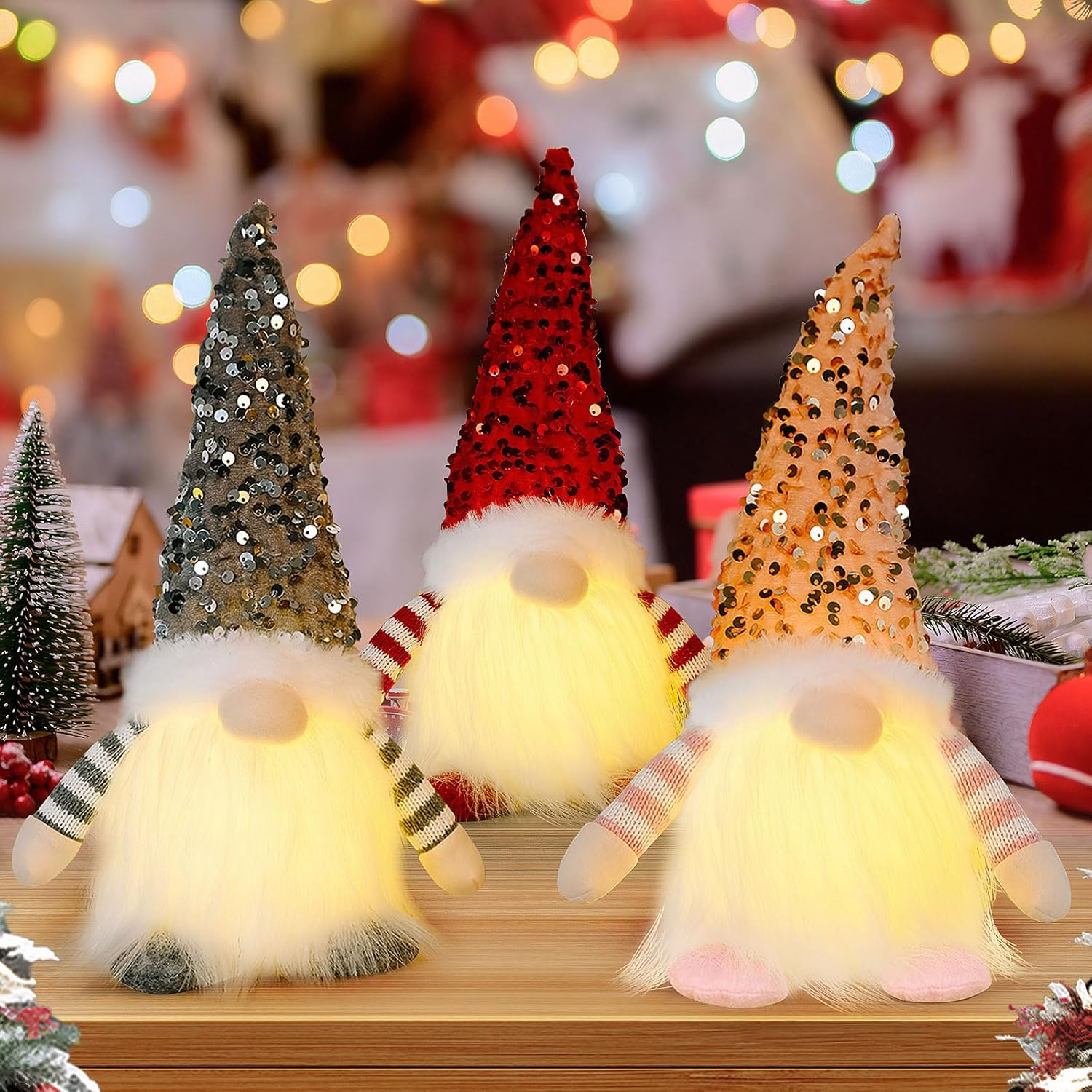 Ninonly 3Pcs Sequin Christmas Gnomes Plush with Light, 30CM Handmade Swedish Santa Gnomes Plush Sequin Hat Christmas Ornaments, Christmas Elf Decorations Indoor for Gift Home Xmas Table Decor