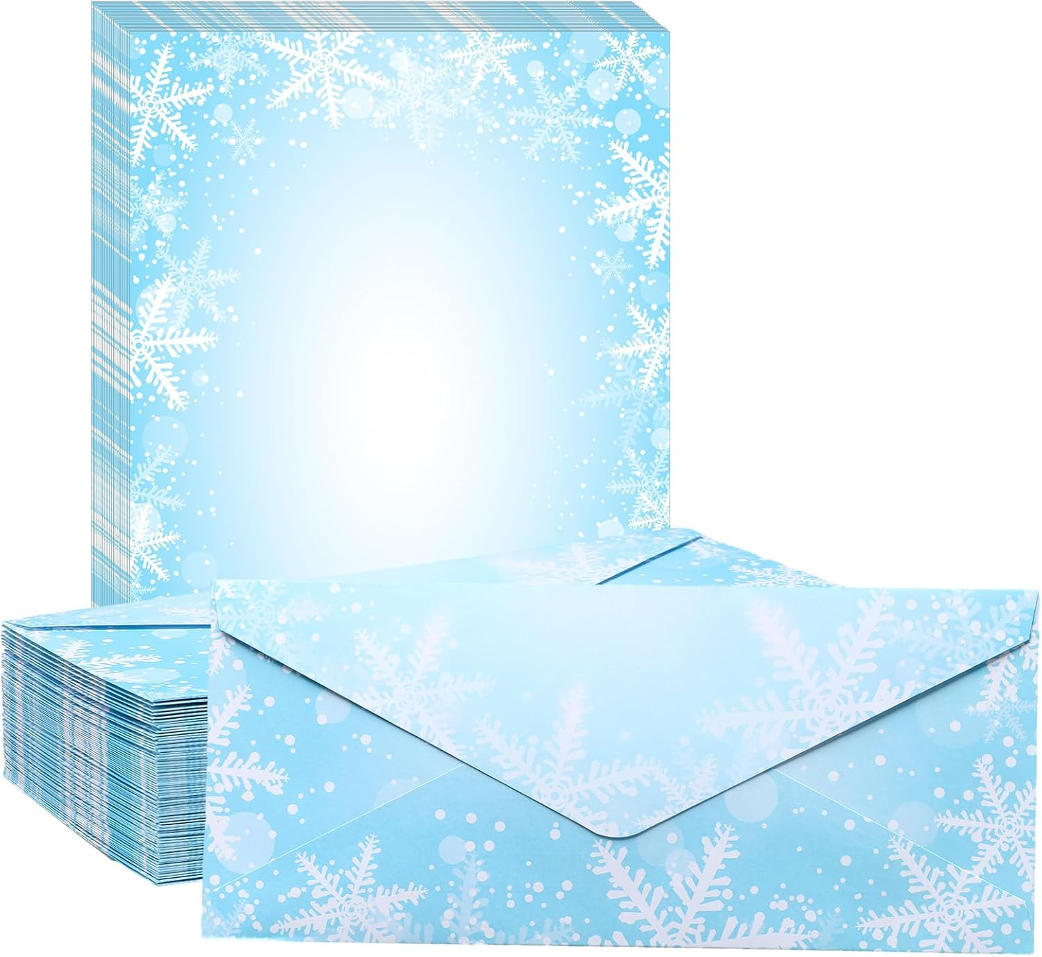 Chiisong 80 Set Christmas Blue Snowflakes Paper and Envelopes Christmas Winter Envelopes Holiday Winter Snowflake Stationery Paper for Letters Invitation Office and School