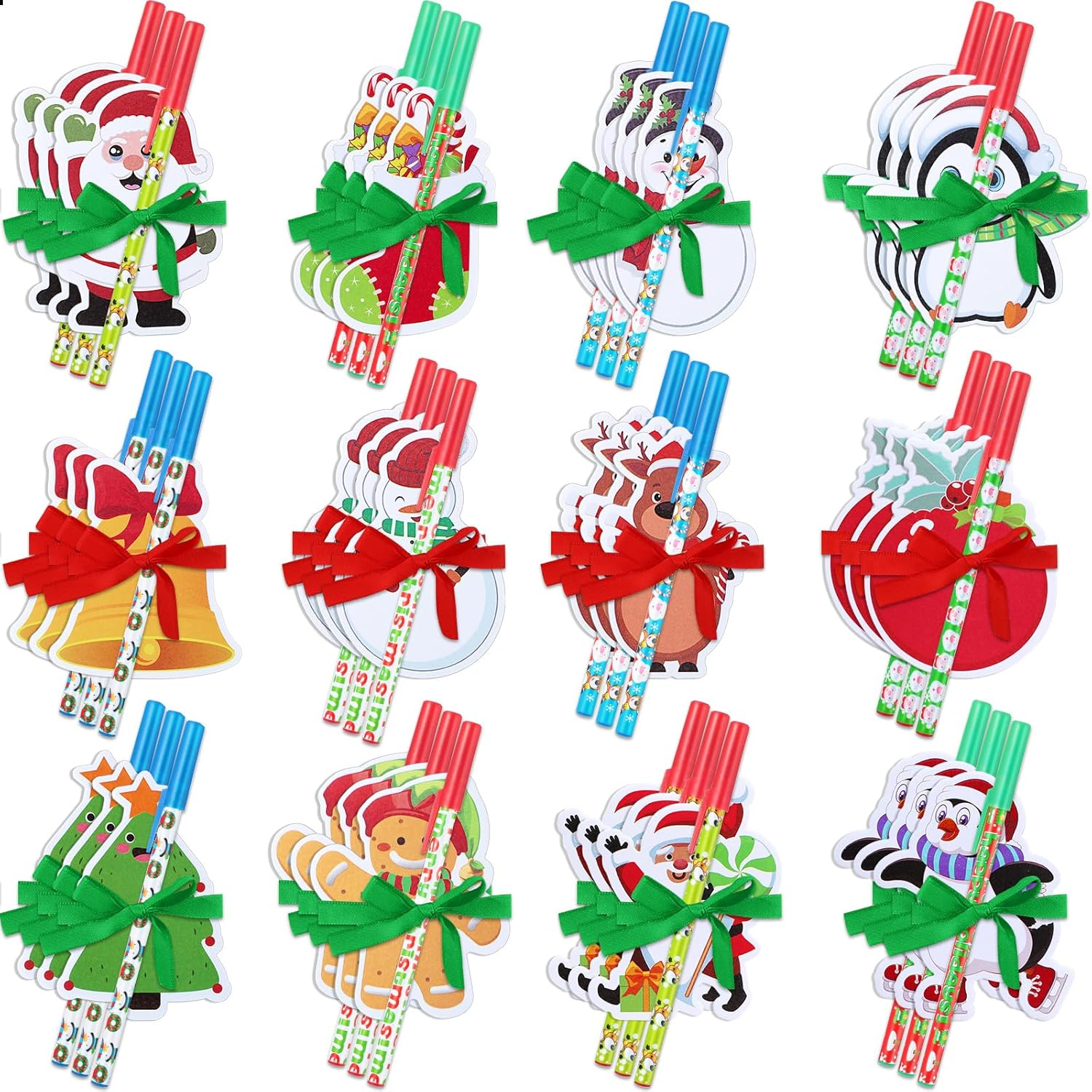 Cholemy 36 Sets Christmas Notepad Holiday Ballpoint Pens with Ribbon Winter Holiday Theme Sticky Note Set Christmas Pens for Kids Stationery Gift Goodie Bag Fillers Classroom Reward (Cute Style)