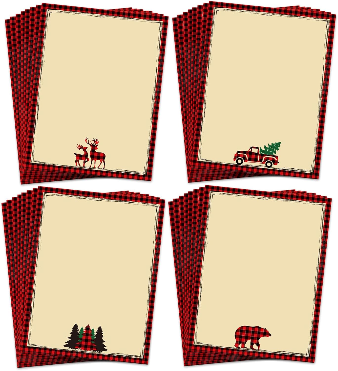 Whaline 60Pcs Christmas Stationery Paper Xmas 4 Designs Decorative Writing Paper Red Black Buffalo Plaid Border Letterhead for Notes Greeting Cards Invitations Office School Printing, 8.5 X 11 In