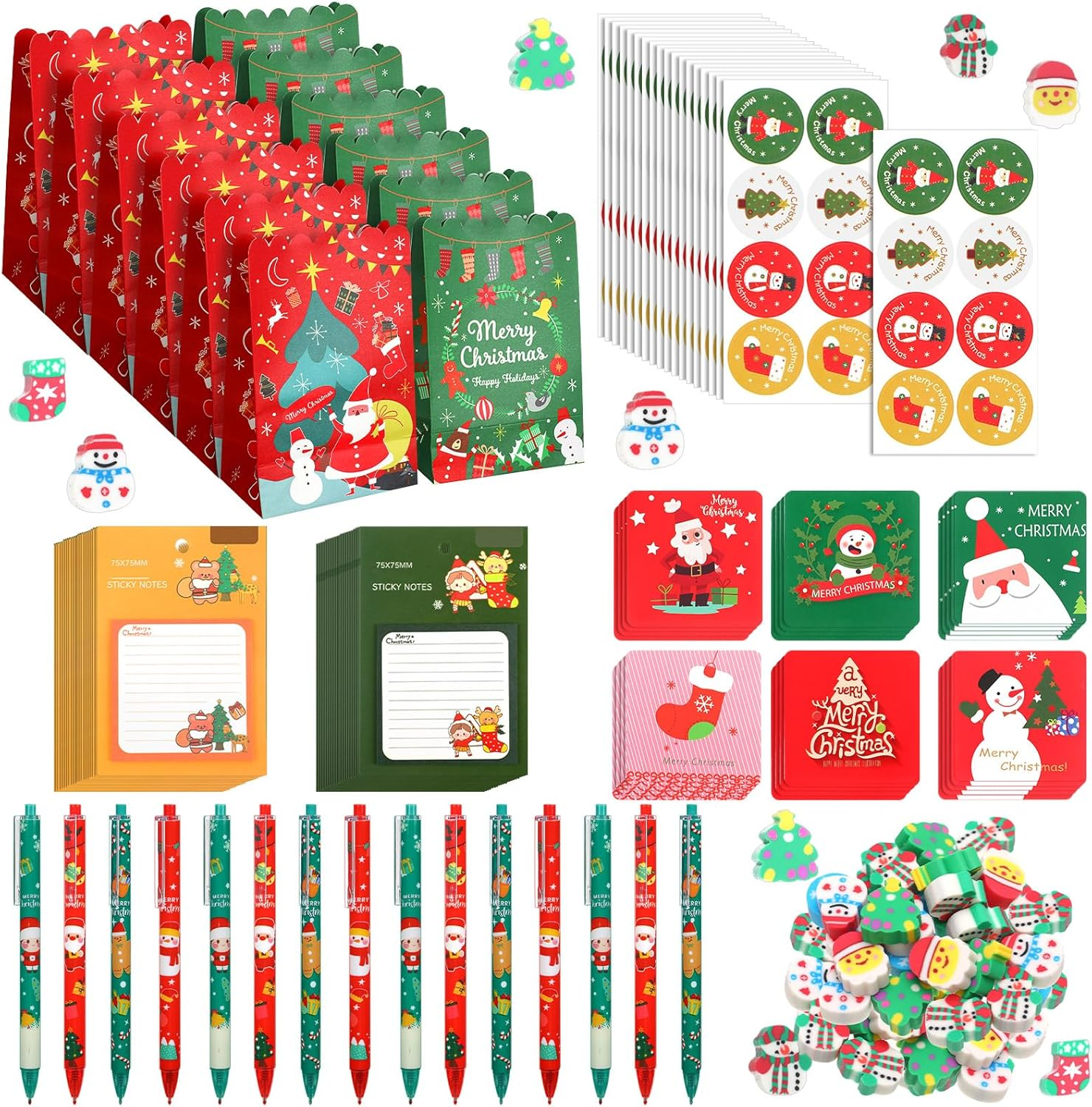 Yeaqee 123 Pcs Christmas Stationery Party Favors Stationery Gift Set Includes Christmas Ballpoint Pens Erasers Sticky Notes Gift Bags Cards and Stickers for Kids Classroom Gift Exchange School Prizes