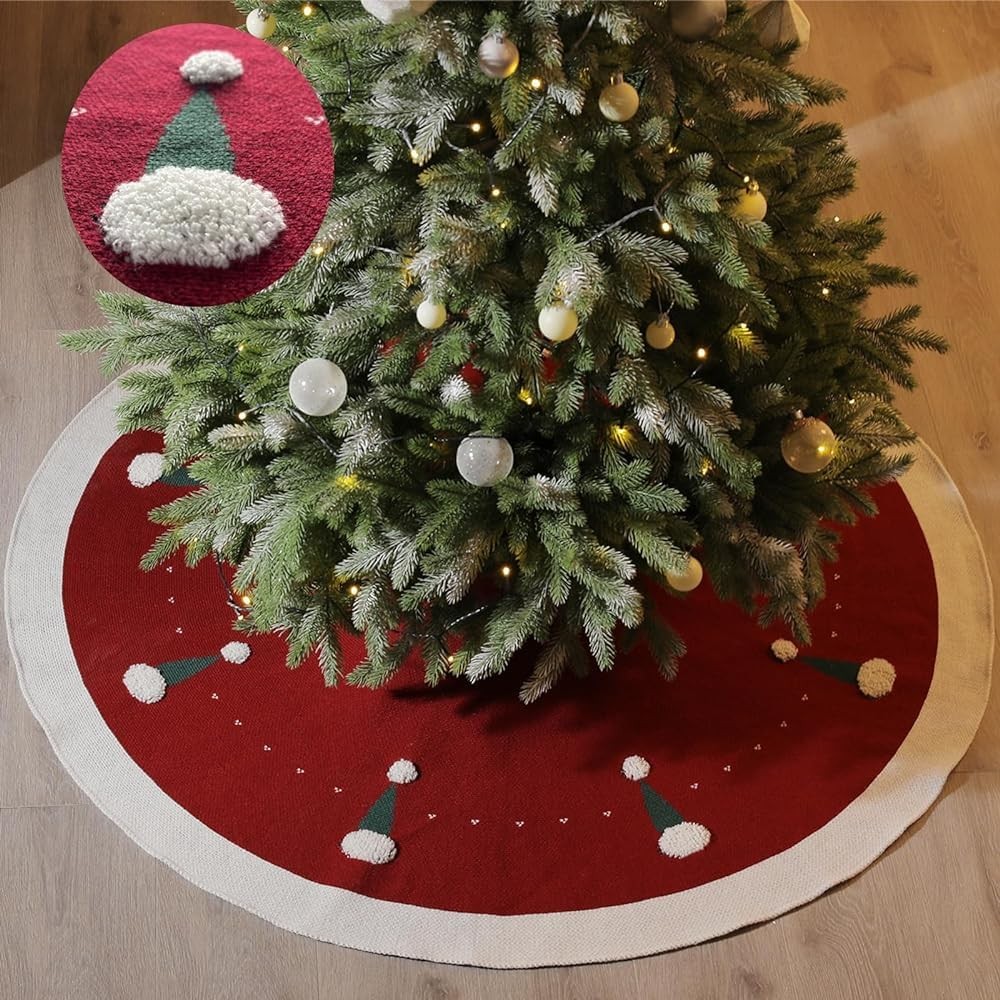 VNPONV Knitted Christmas Tree Skirt 48 Inches, Large Red Tree Skirt Luxury Christmas Decorations, Thick Xmas Tree Skirt with Cute Christmas Hat and White Fluffy Ball for Holiday Party Christmas Decor