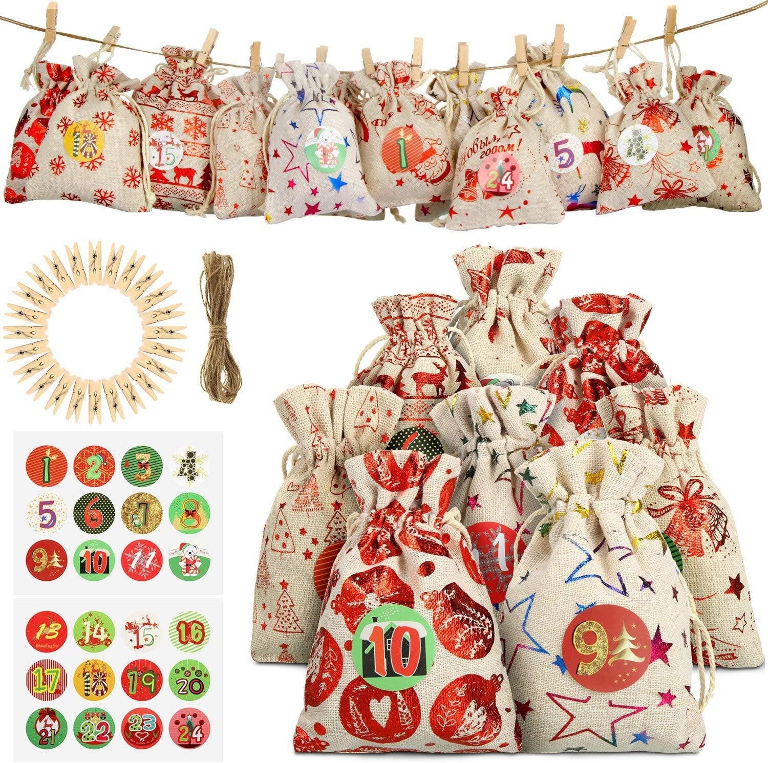 Christmas Advent Calendar Bags Set 2024, 24Pcs Christma Burlap Hanging Candy Gift Drawstring Bags Xmas Goody Gift Bags for Party Favors Countdown Xma Decoration (24 Bags, Numbers Stickers, Clips, Rope)