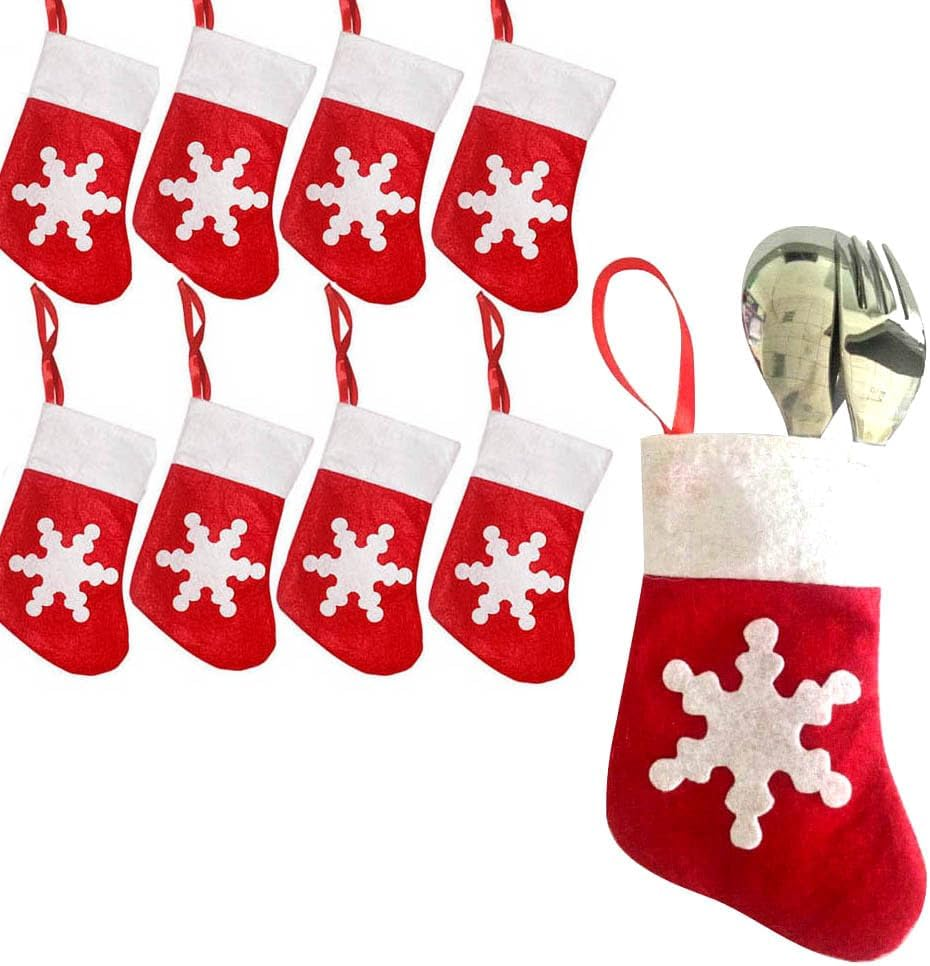 Deeroom【8 Pcs】Christmas Socks Snowflake Tableware Holders Christmas Table Decorations Flatware Organizers for Xmas Table Dinnerware Party Supplies