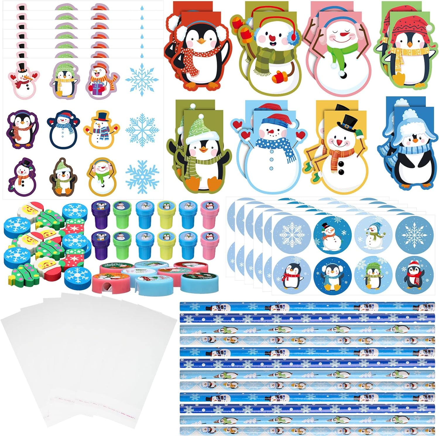 192 Pieces Christmas School Stationery Set Xmas Classrooms Exchange Stationery Gifts Party Favors Class Reward Prizes Notebooks Pencils Sharpener Erasers Stickers Stamps for Party Supplies (Snowflake)