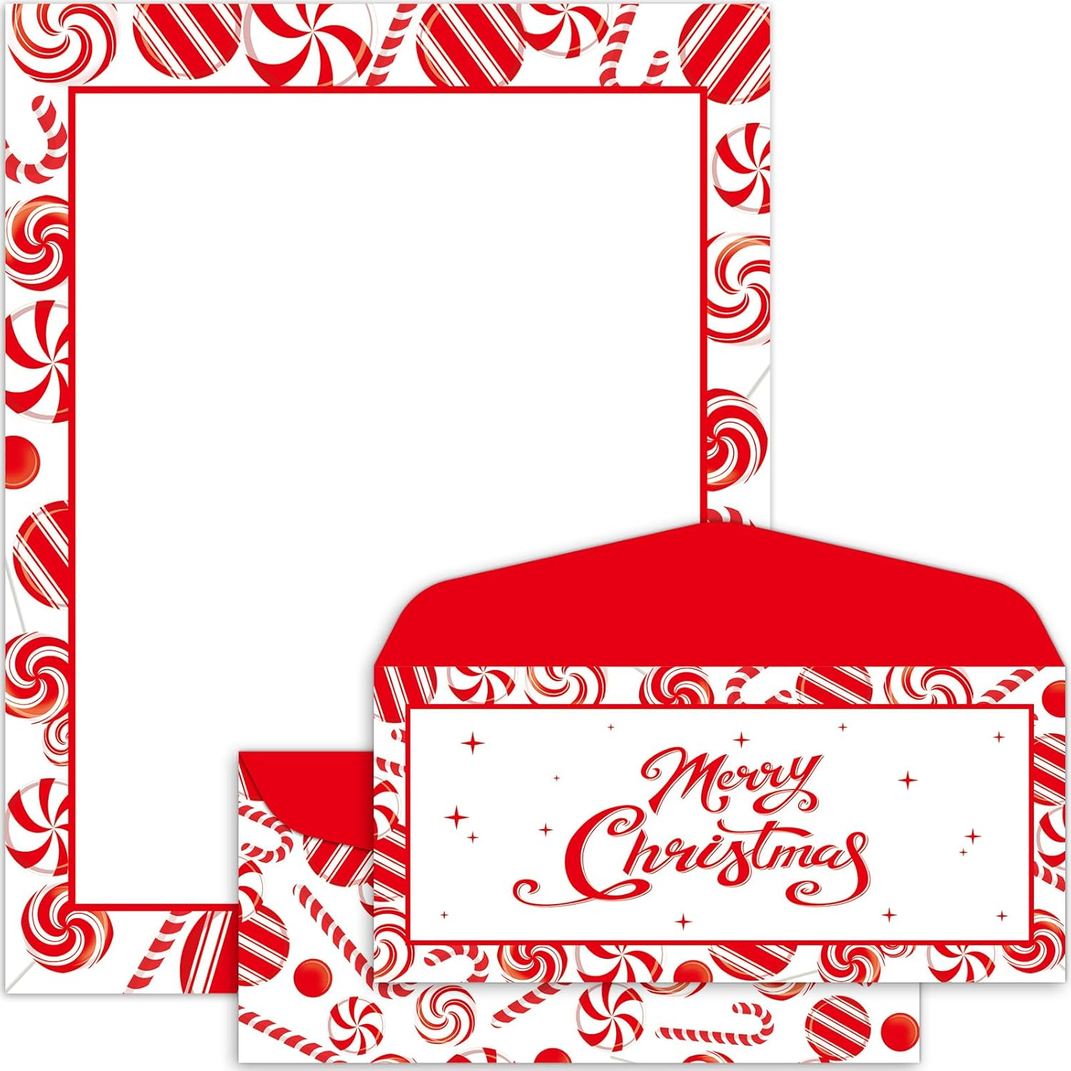 Lonfliness 50 Pcs Peppermint Party Letterhead with Envelopes Candy Cane Christmas Border Computer Paper Stationery Paper for Note Letters to Santa Invitations Office School Printing 8.5 X 11 In