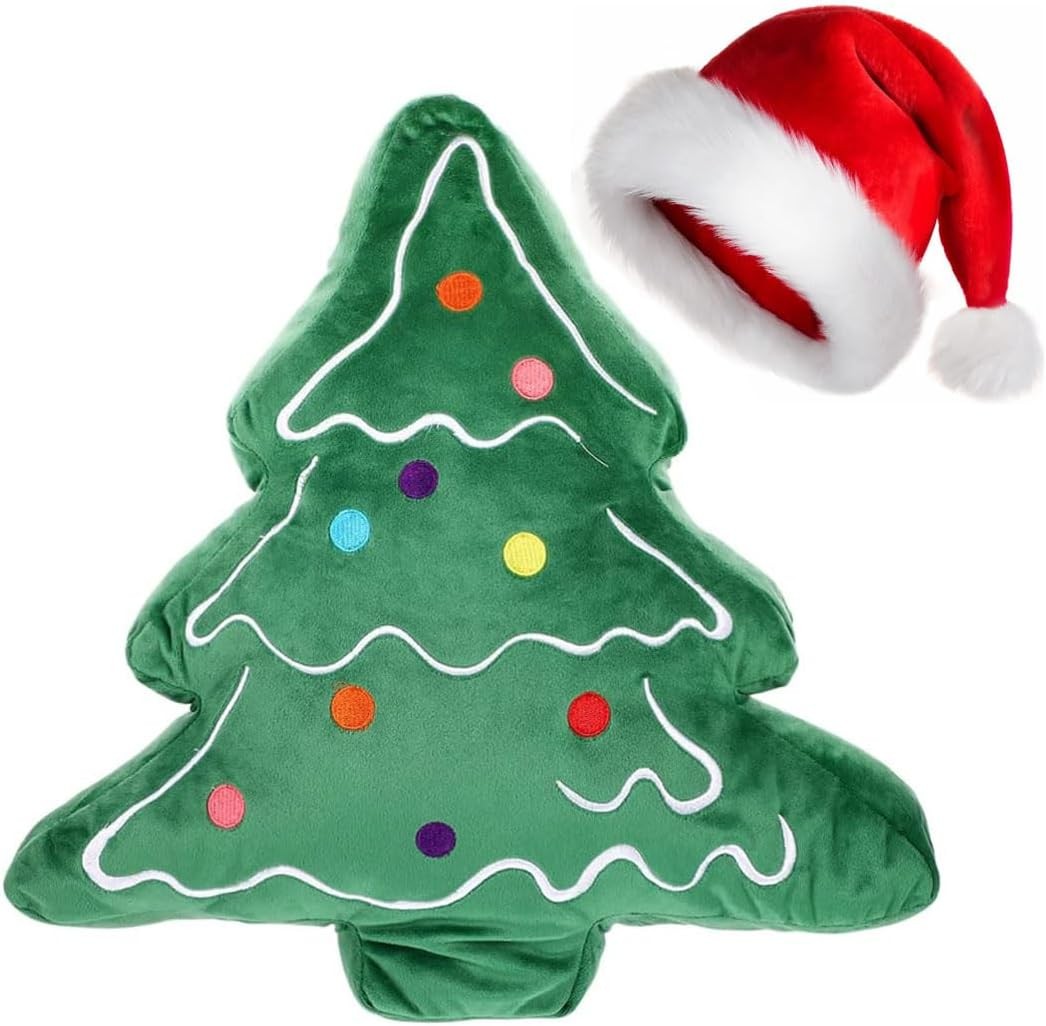 Idopick Christmas Tree Throw Pillows with Christmas Santa Hats Set, 2 Pack Christmas Tree Shaped Cushion Christmas Decorative Cute Office Bed Cushion for Home Bedroom Couch Decorations Festive Gift