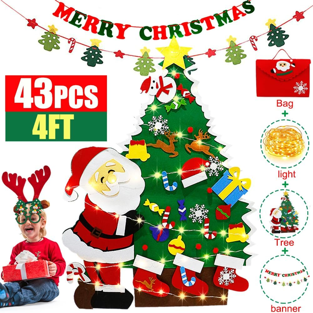 UHAPEER 4FT Toddler Felt Christmas Tree for Kids Wall with Lights, 43PCS Toddler Christmas Tree for Kids to Decorate, Felt Tree with Detachable Ornaments Banner Home Decor Wall Hanging