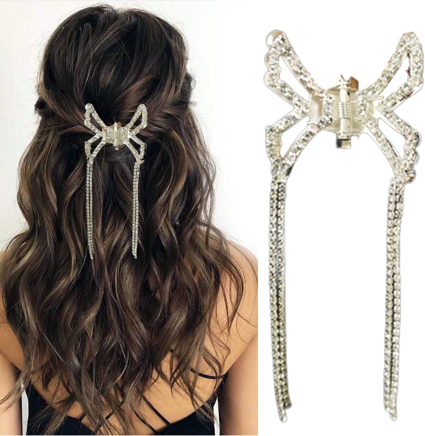 R Wellness Butterfly Clips for Women Crystal Hair Accessories for Women Metal Hair Clutcher Silver Butterfly with Tussle Hair Claw Clip Hair Accessories for Women Girls (1 Pcs)