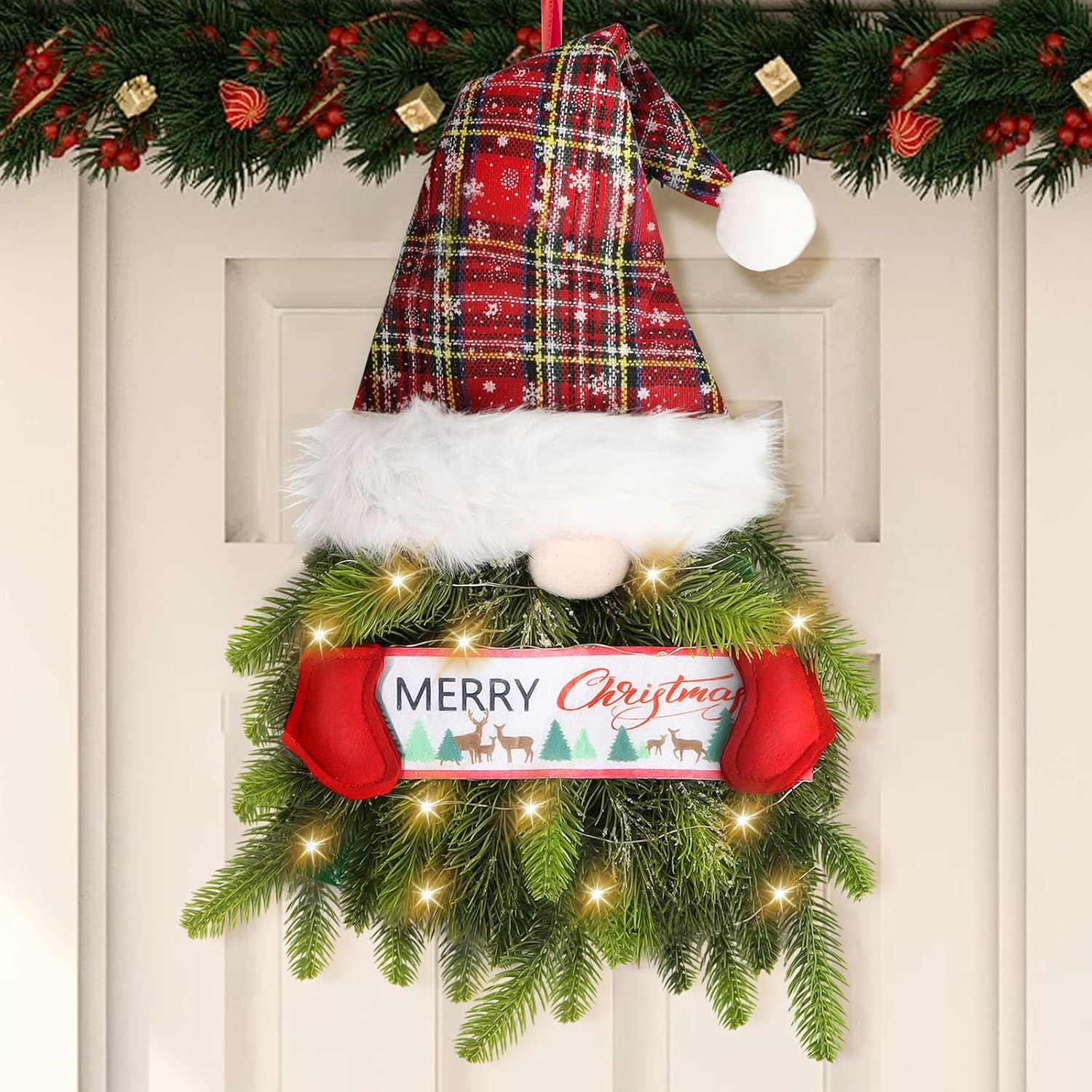 Ninonly Gnome Christmas Wreath, Artificial Gnome Christmas Door Wreath with Lights, Gnome Christmas Wreath with Pine Needle for Outdoor Door Window Wall Mantle Christmas Decoration