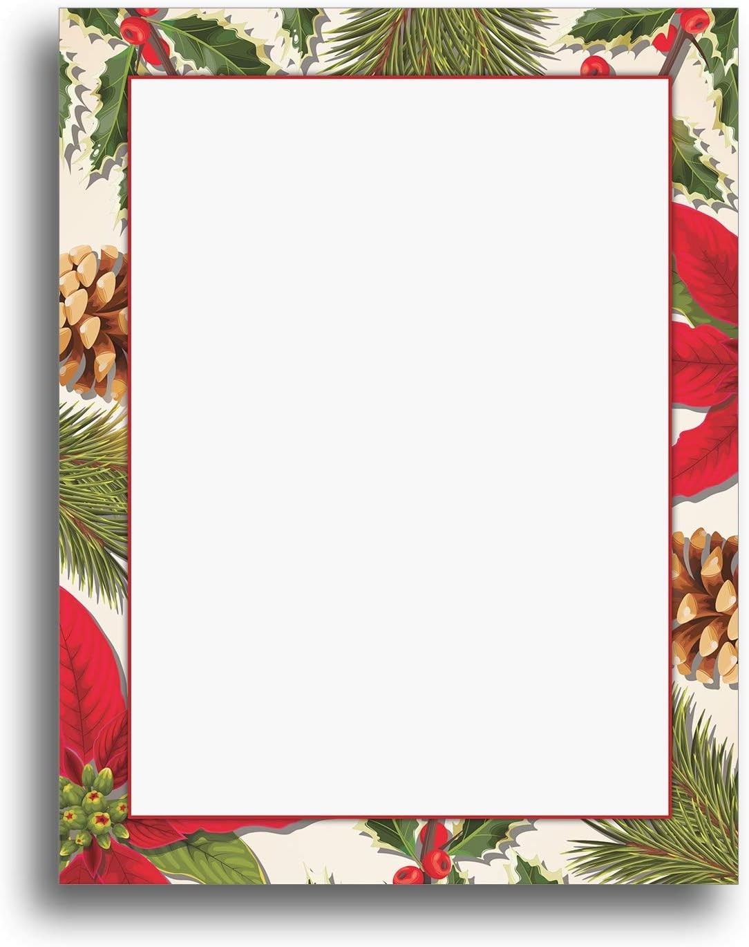 Poinsettia Border Christmas Holiday Stationery Paper – 80 Sheets