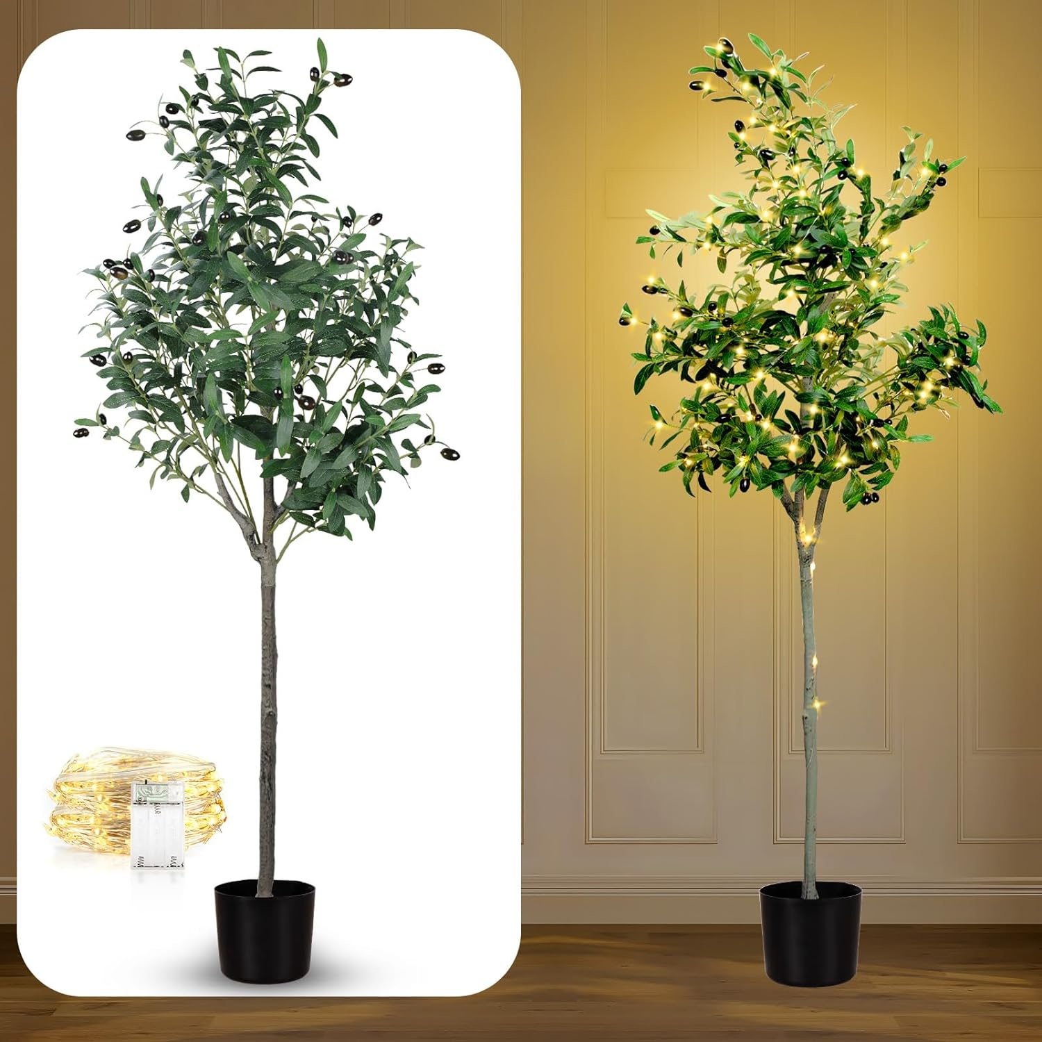 Artificial Olive Tree 6Ft/180Cm Tall Faux Silk Plant Large Fake Olive Potted Tree with 100 LED String Lights for Indoor Home Office Christmas Decor