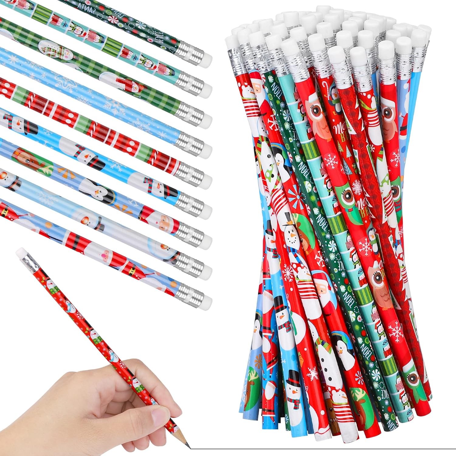 ADXCO 72 Pieces Christmas Pencil Bulk Wood Pencils with Top Erasers Christmas Snowman Santa Claus Elk Holiday Stationery Pencil for Party Favor, 24 Styles