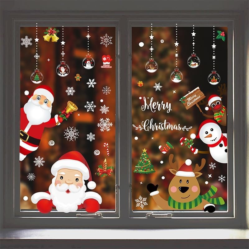 ZANZER Window Stickers Clings 70 Pcs,Christmas Decorations Xmas Indoor Decor Window Glass Decals Santa Snowflake Snowman Reindeer Winter Static Wall Stickers for Holiday Party Supplies (Style A)