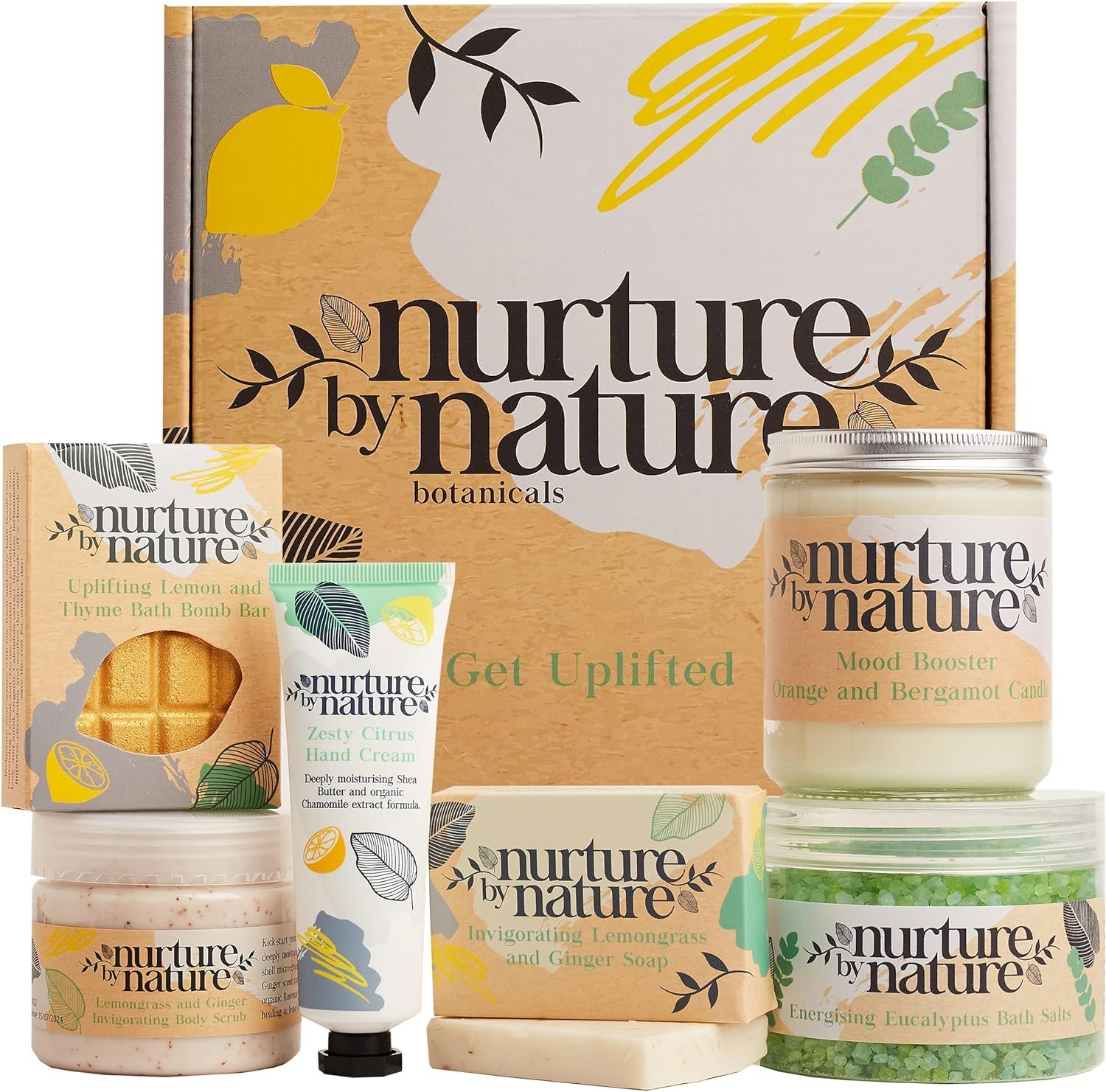 Nurture by Nature Botanicals RELAX & RE-ENERGIZE | Energizing Spa Gift Basket by | Essential Oils, Bath Salts, Orange, Soap, Bath Bombs, Candle & More | Mothers Day Gift | Bath Set