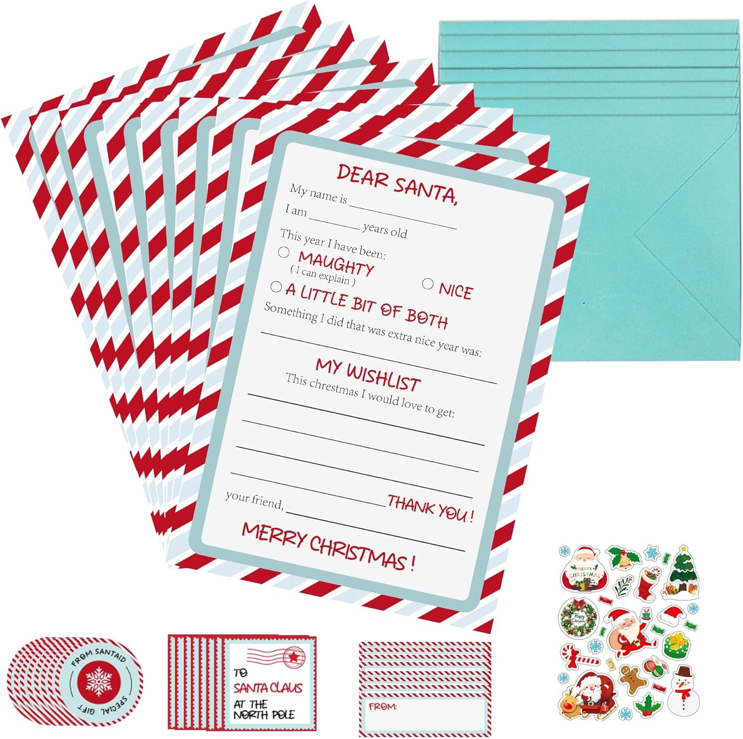 Sunepany Letters to Santa Kit 8 Sets Letters from Santa 5 X 7 Santa Letter Paper with Christmas Envelopes, Seals Stickers, Address Labels, Letters to Santa Stationery for Christmas Wish List