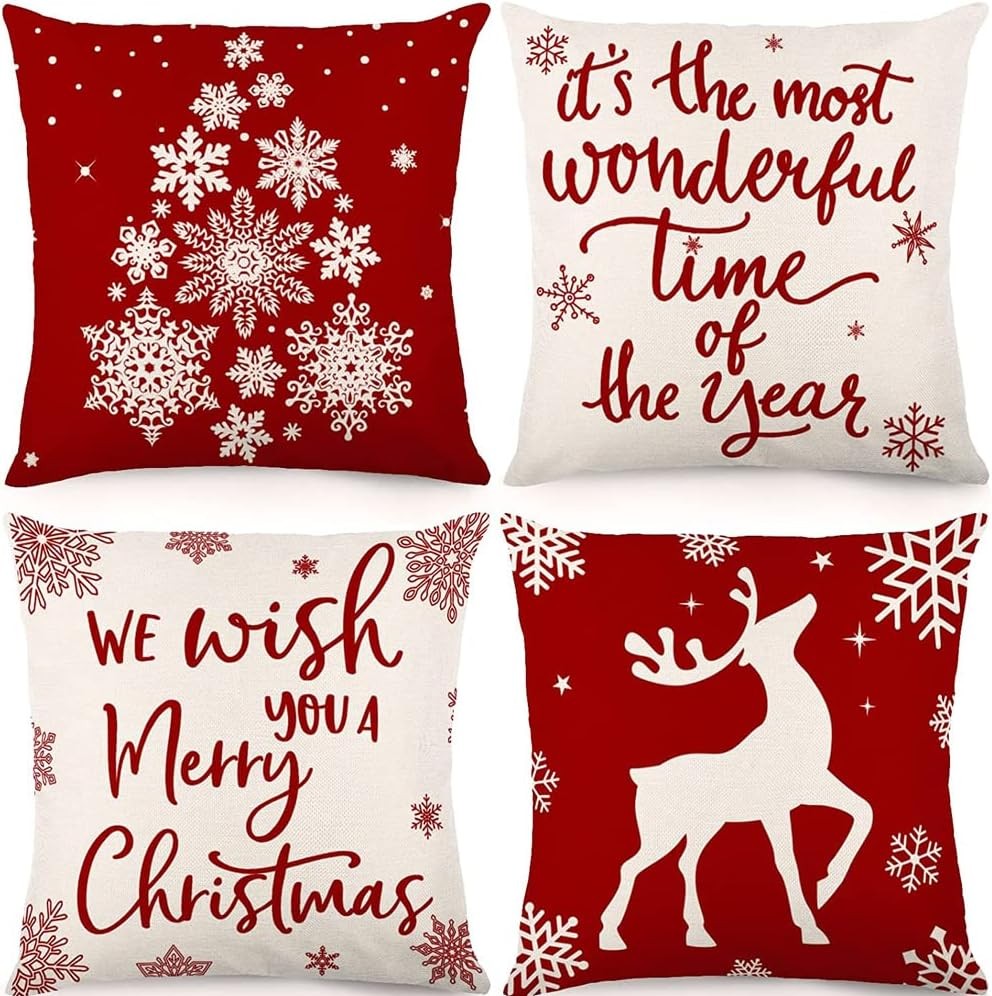 Geli Christmas Pillow Covers,18 X 18 Inch Throw Pillow Case Cushion Cover Linen Christmas Decorations Farmhouse Throw Pillowcase for Home Decor,Set of 4