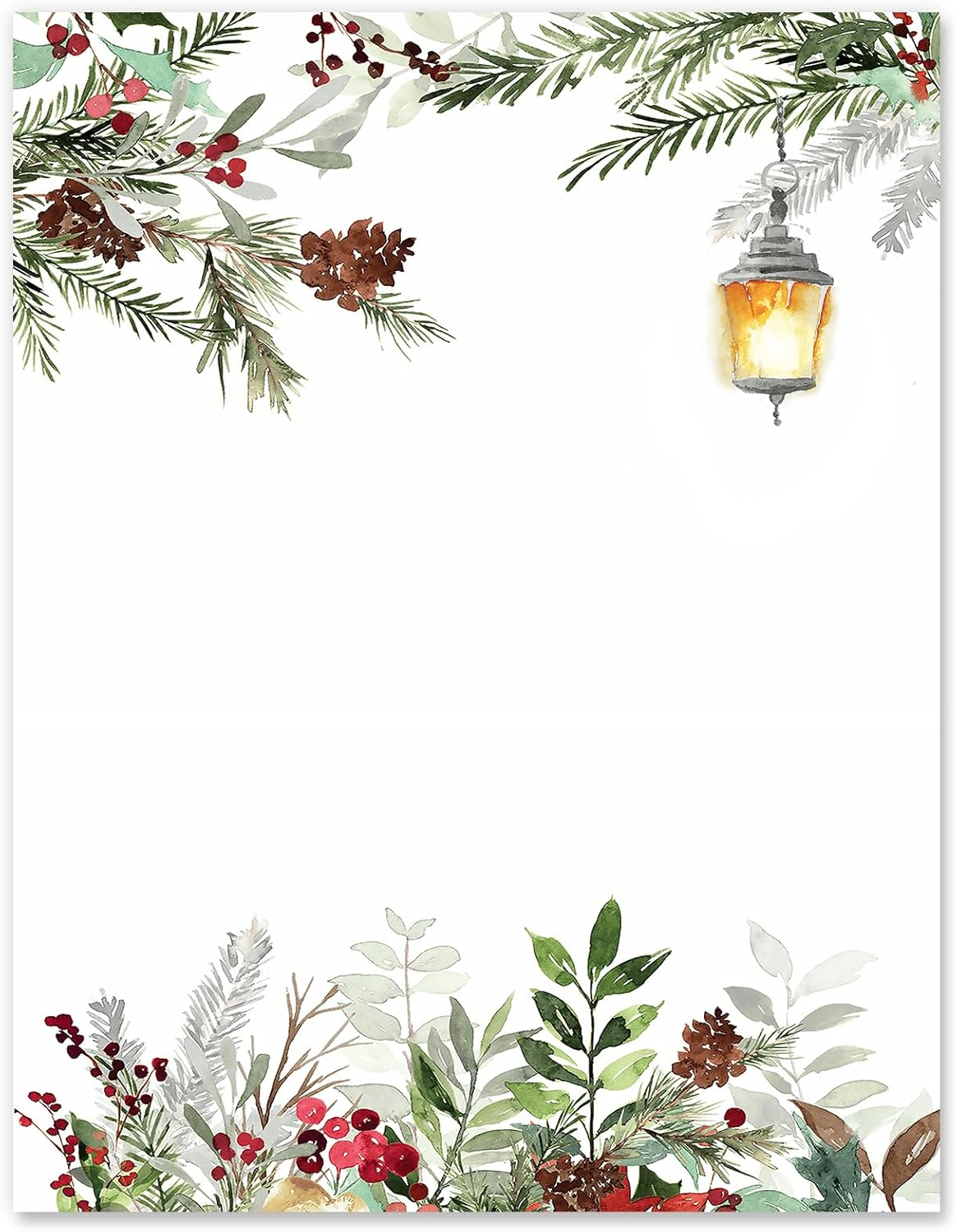 Anydesign 80Pcs Christmas Stationery Letterhead Paper Watercolor Plants Lantern Writing Paper Greenery Border Greeting Letter Paper for Xmas Cards Invitation Office School Printing, 8.5 X 11 Inch