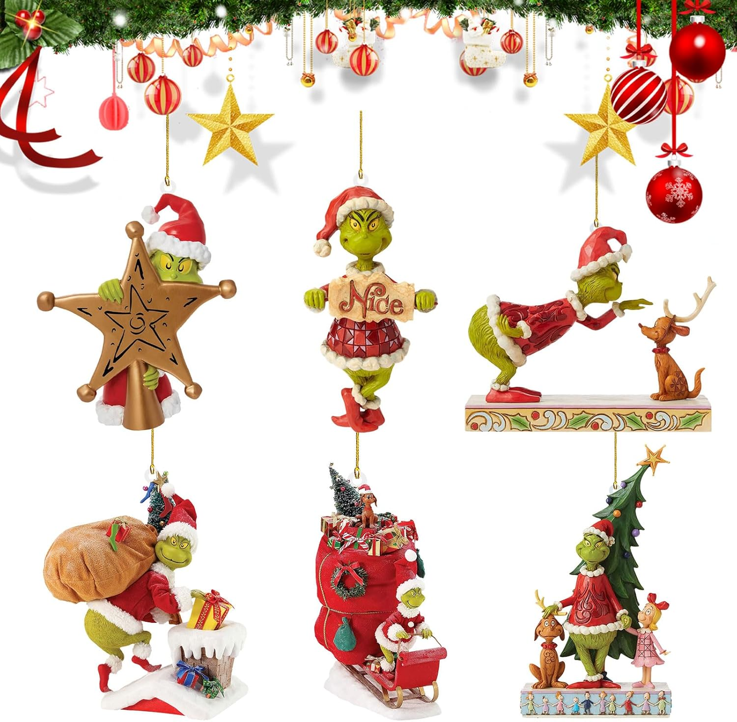 Feliciay 6PCS Christmas Hanging Ornaments Tree Decorations, Grinch Acrylic Christmas Decorations Pendants Funny Resin Xmas Ornaments for Home Decor Holiday Party Backpack Car Hanging Accessories