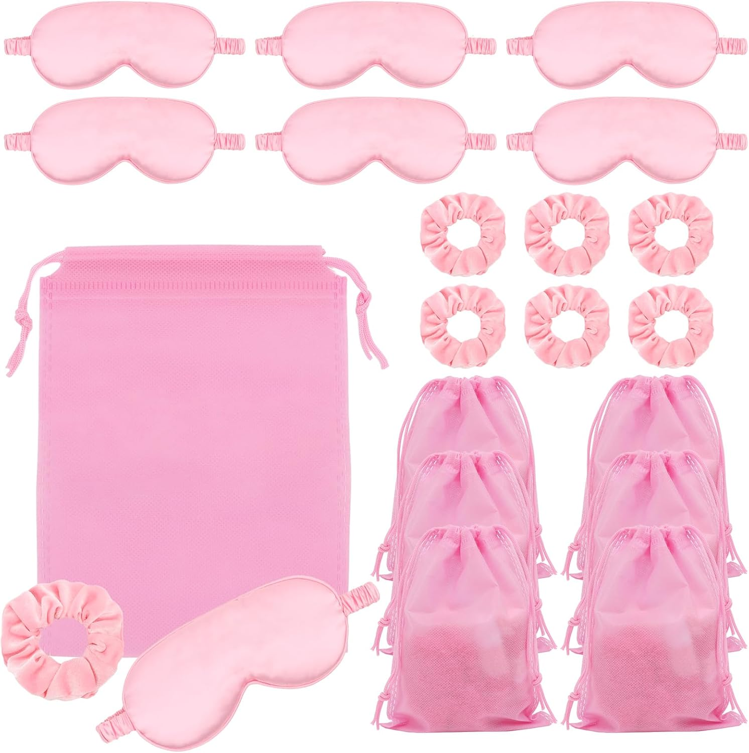 WHAVEL Sleepover Party Supplies for Girls 18 PCS Pink Sleepover Stuff Spa Party Favors for Spa Birthday Bachelorette Slumber Pajama Party, Include 6 Silk Eye Masks, 6 Velvet Scrunchies and 6 Gift Bags