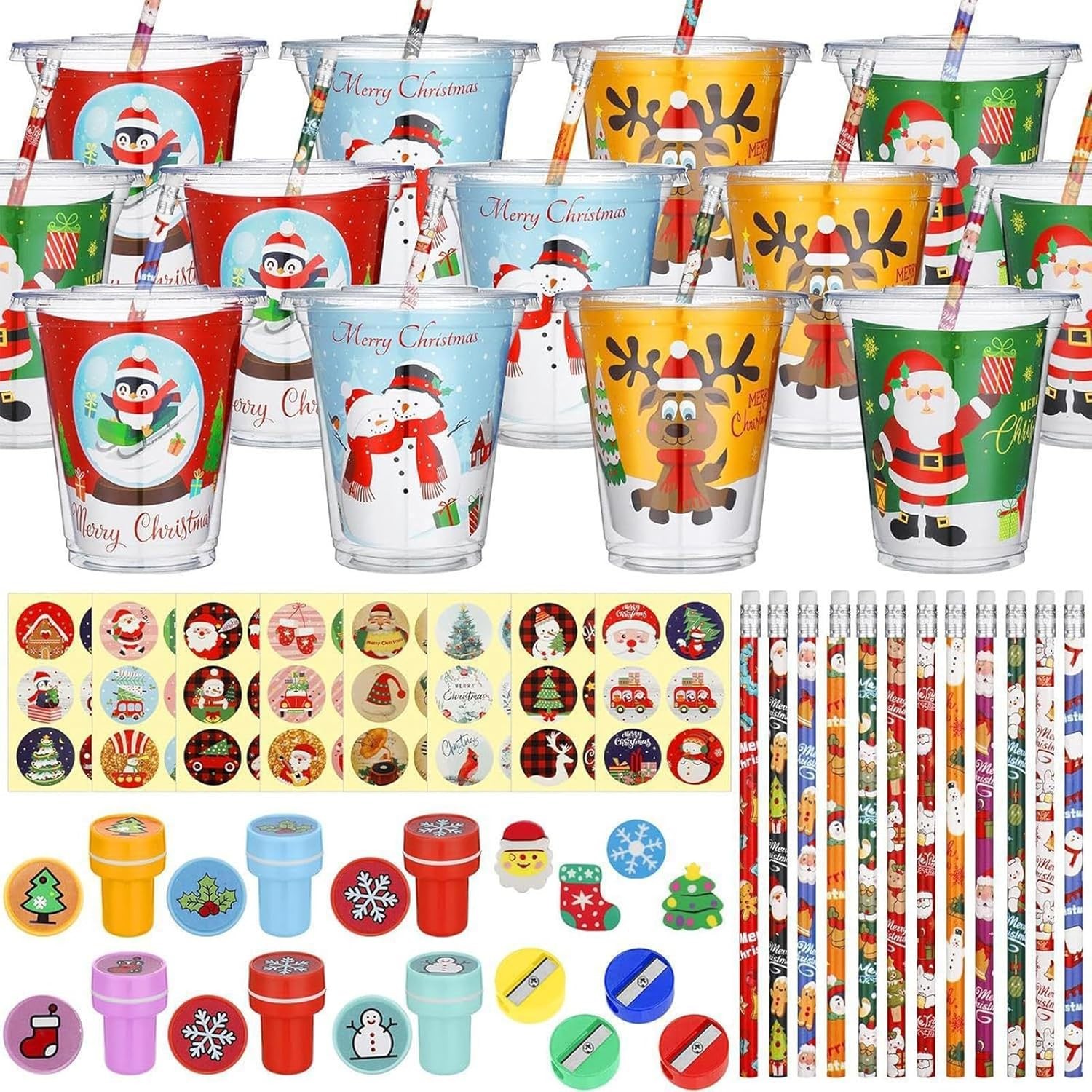 Christmas Stationery Set | 144X Students Stationery Christmas Toys in Cartoon | Stamps Milk Tea Cups Christmas Back to School Delight for Library, Travelling