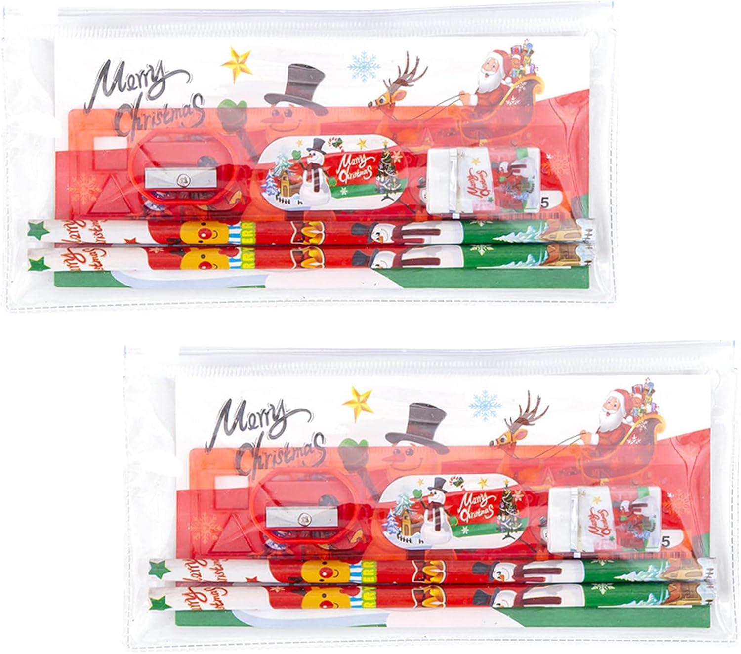 2 Pcs Christmas Stationery Set Include Pencil Eraser Ruler Pencil Sharpener Stationery Gift Set Festive Stocking Filler Christmas Birthday Gifts for Girls and Boys