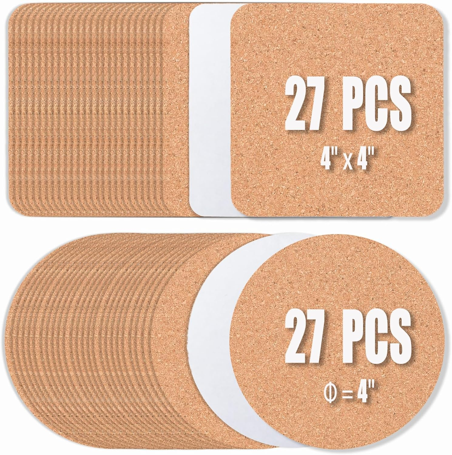 54 Pcs Cork Coasters 4 Inches with Adhesive, Cork Sheets Mats Bulk for Drinks, Plants, DIY Crafts, Office, 27 Pcs Curved-Edge Squares Cork Tiles and 27 Pcs round Cork Pads (4″X 4″, 54Pcs)