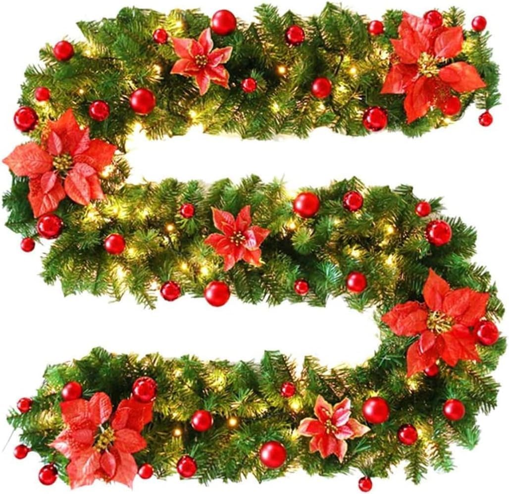 Christmas Garland, 2.7M Christmas Rattan Christmas Artificial Flower Vine for Home Stairs Fireplace Front Porch Door Display Indoor Outdoor Christmas Decor(Green,2.7M)