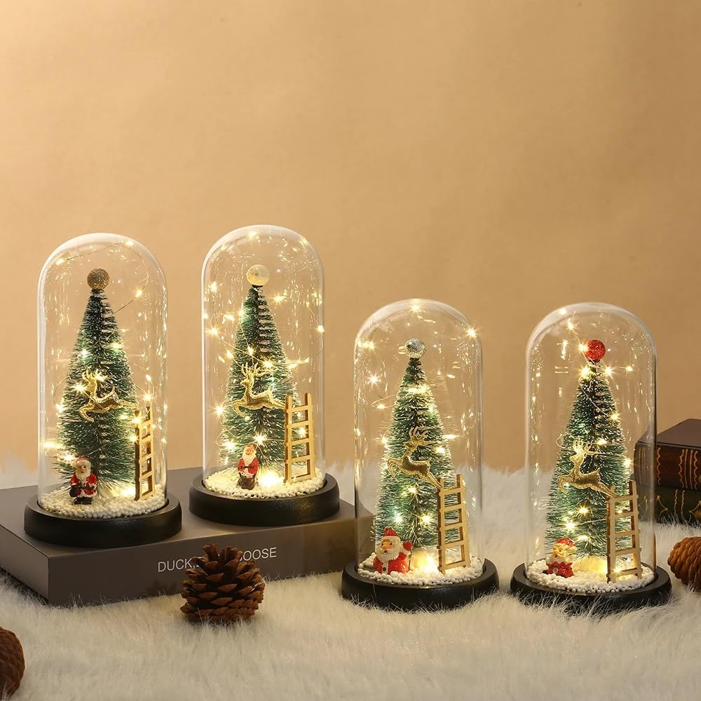 LED Christmas Tree in Glass Dome. Christmas Tree Santa Claus Decoration in Glass Dome with LED Lights, Mini Christmas Trees. Party Decoration, Home Decor Best Gifts, Christmas