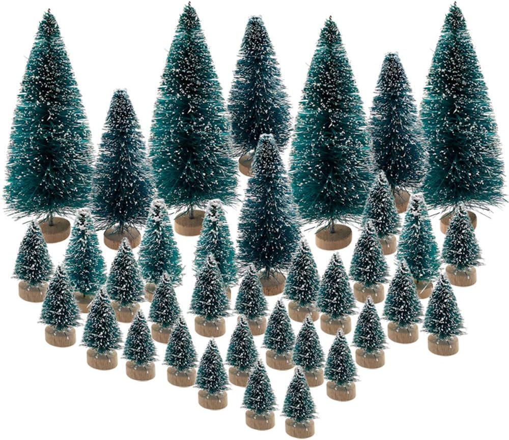 36PCS Mini Artificial Christmas Trees Plastic Sisal Trees Bottle Brush Trees Snow Frost Ornaments with Wood Base for Christmas Home Party Table Top Decor Winter Crafts