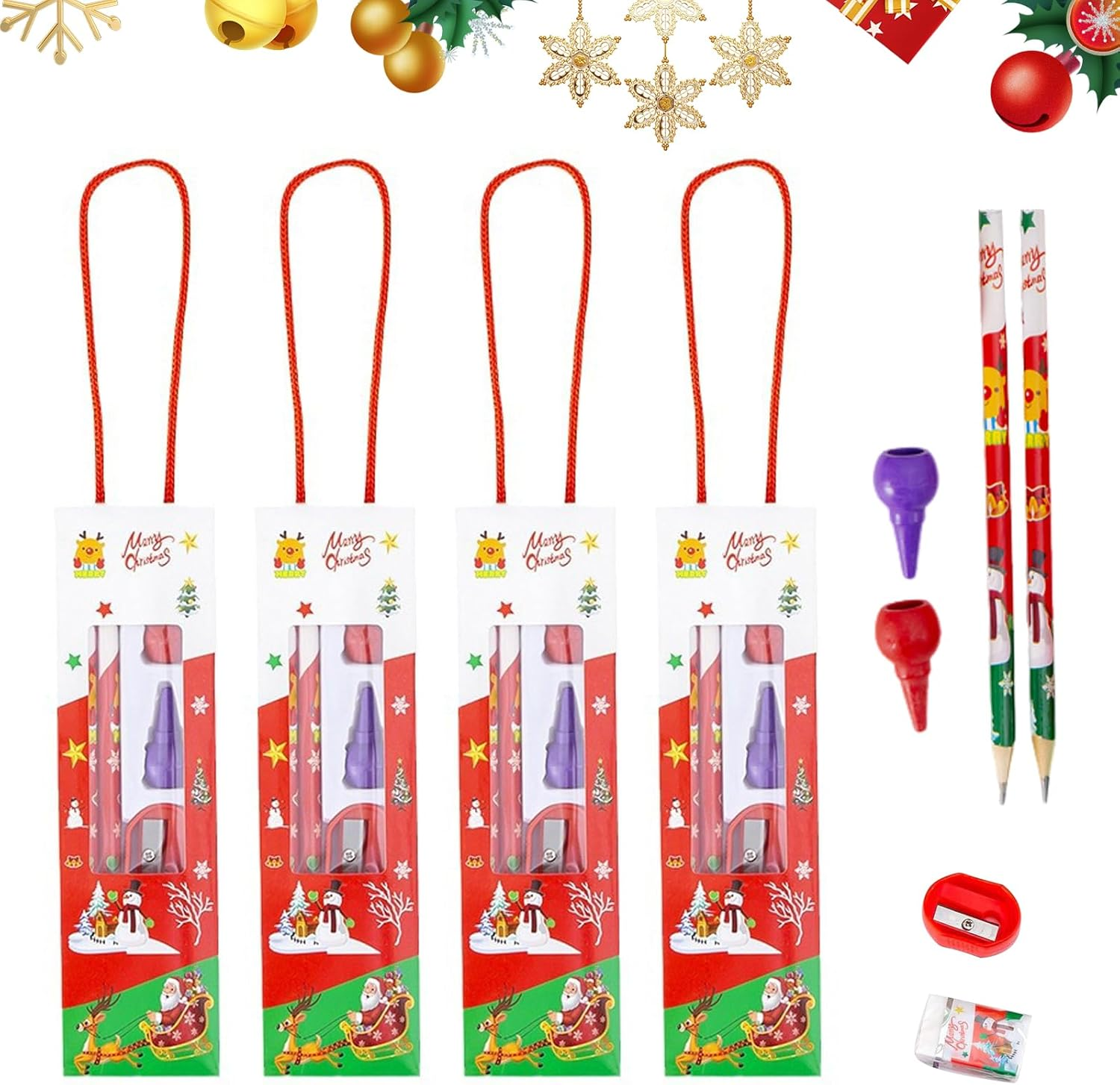 LEBKFT 4 PCS Christmas Stationery Set Pencil Eraser Pencil Sharpener Crayon Xmas School Supply Santa Claus Stationery Present for Girls and Boys