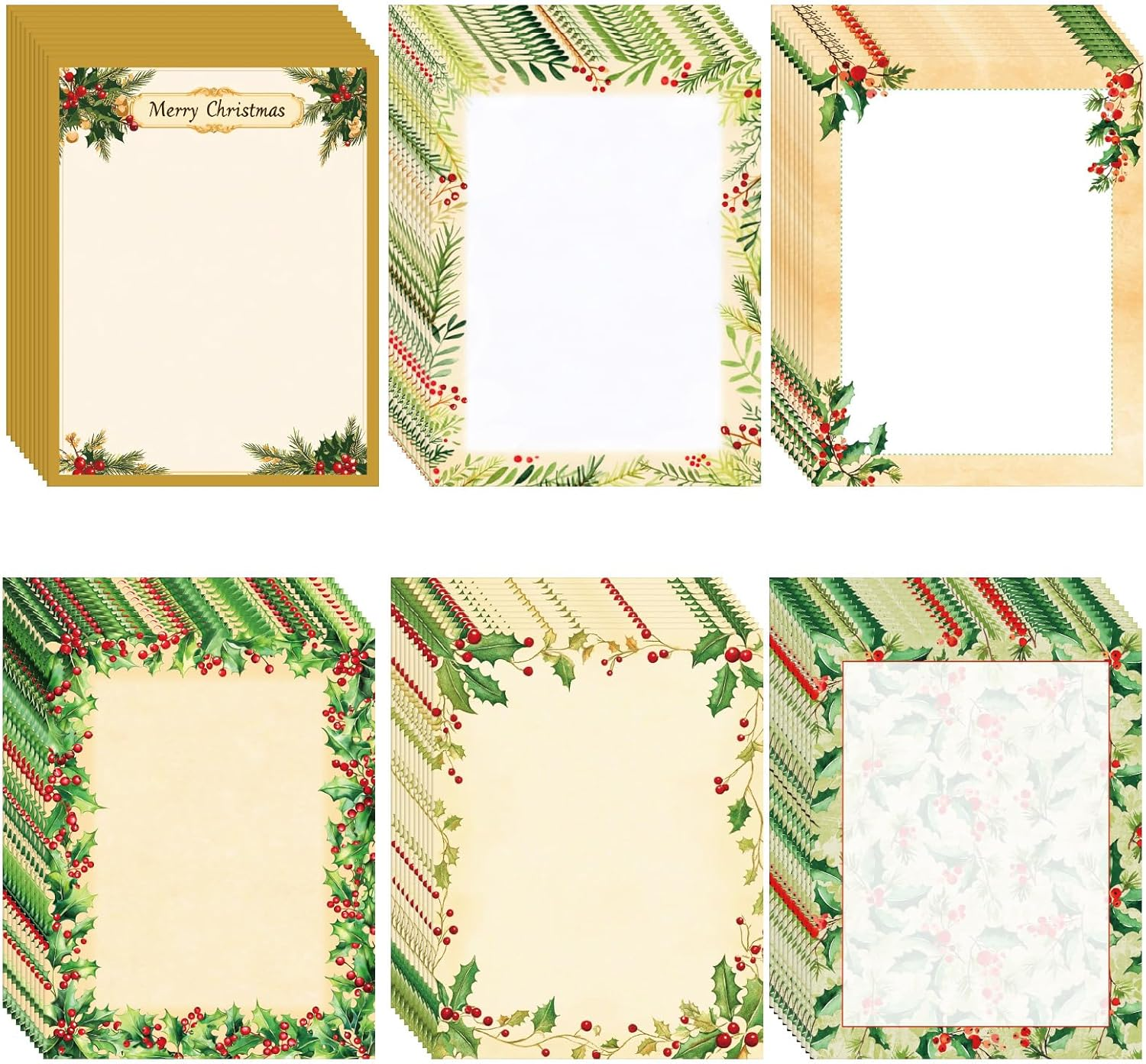 Motipuns 120 Sheets Vintage Christmas Holly Letterhead 8.5″ X 11″ Christmas Stationery Paper Xmas Berry Border Letterhead Decorative Writing Paper for Notes Greeting Cards Office School Printing