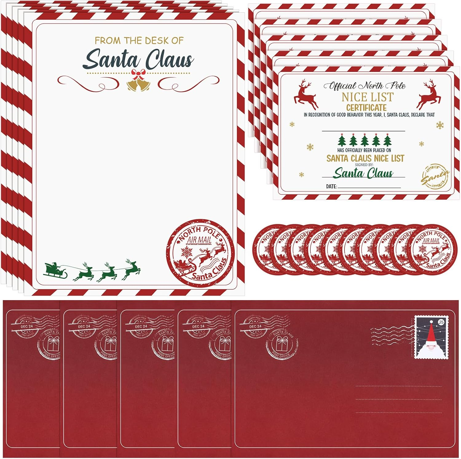 Tinlade 12 Sets Christmas Official Letter and Certificate from Santa Claus 12 Pcs Nice List Certificate 12 Pcs North Pole Writing Letter 12 Pcs Stickers 12 Pcs Envelopes for Family(Santa Claus)