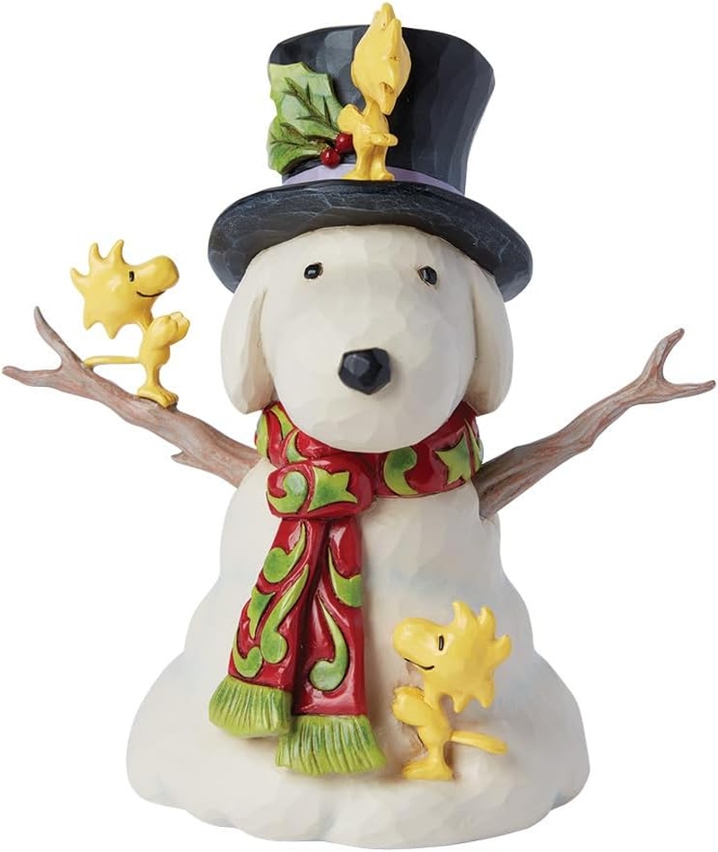 Enesco Peanuts by Jim Shore Woodstock Building a Snoopy Snowman Figurine- Resin Hand Crafted Painted Collectible Figurines Peanuts Snoopy Christmas Home Decor Shelf Statue, 5.71 Inch, Multicolor