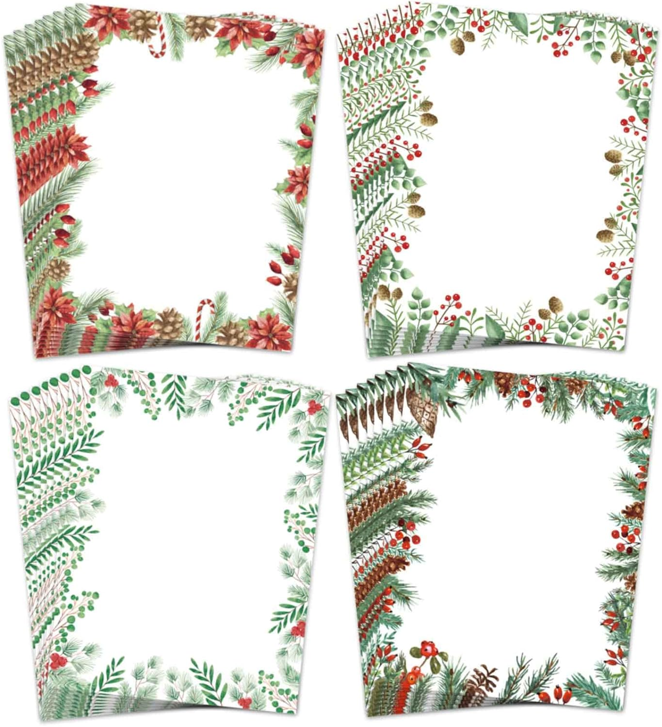 Anydesign 60Pcs Christmas Stationery Paper 4 Design Christmas Green Plants Border Letterhead Winter Decorative Writing Paper for Xmas Notes Greeting Cards Invitation Office School Printing, 8.5 X 11″