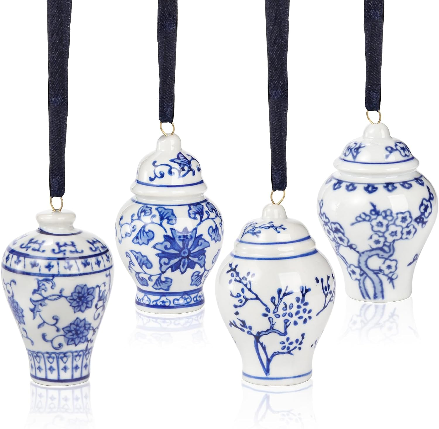 Goaste 4 Pack Mini Ginger Jar Ornaments, Christmas Hanging Pendant, Chinoiserie Ceramic Hanging Ornaments, Blue and White Porcelain Christmas Tree Decor for Christmas, Home Decoration