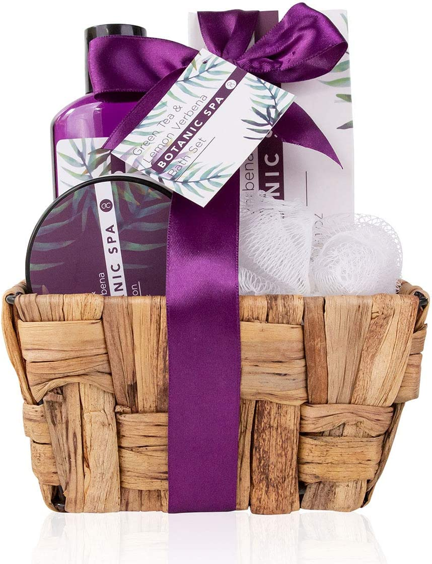 Accentra Botanic Spa Women’S Bath Set in Seagrass Basket, 4-Piece Care Set with Shower Gel, Bath Salt, Body Lotion & Mesh Sponge, Wellness Gift Set for Birthday, Valentine’S Day & Christmas