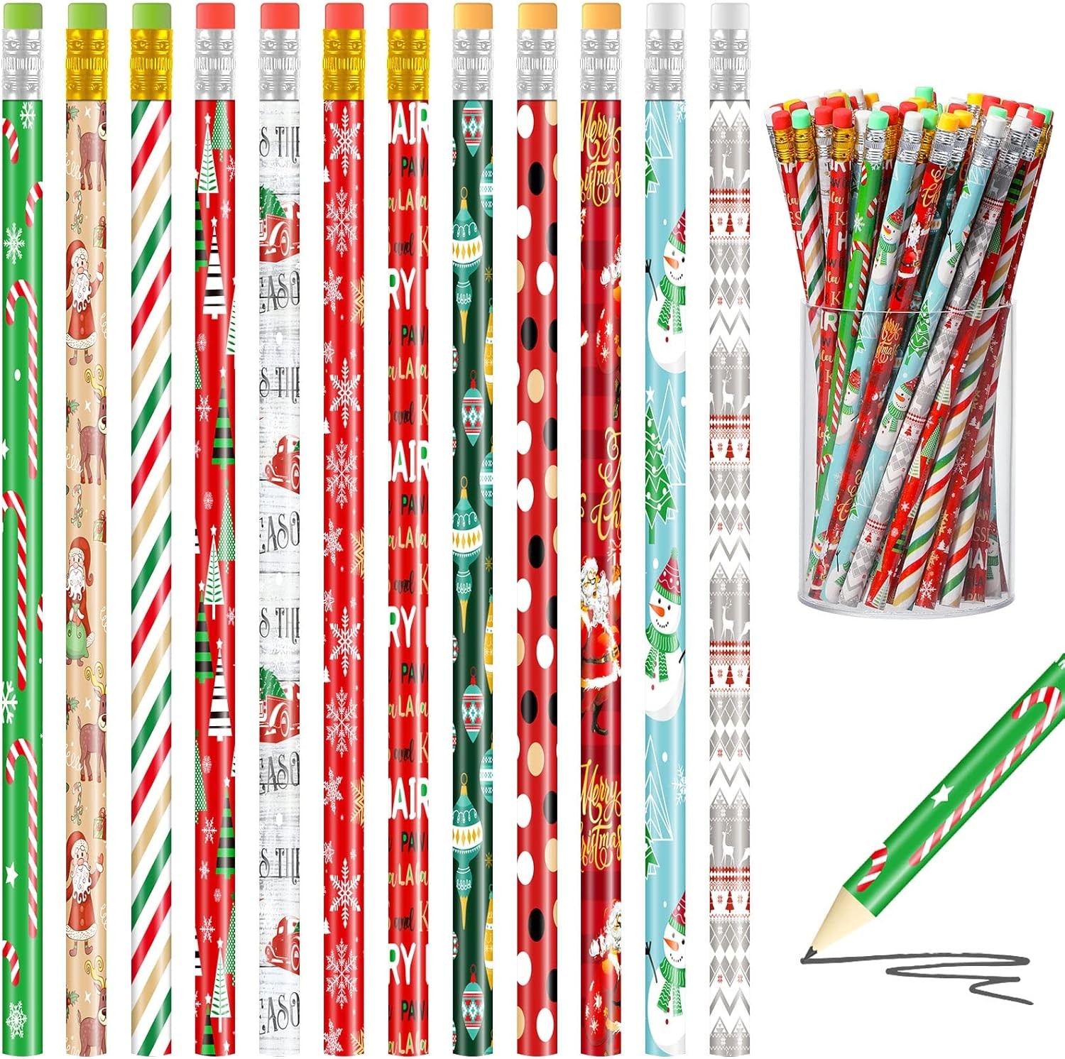 144 Pieces Christmas Pencils Xmas Wood Pencils with Eraser Includes Santa, Xmas Tree, Snowman, Candy Cane Pencils Merry Christmas Stationery for Xmas Party Favors Office School Rewards Stuffers