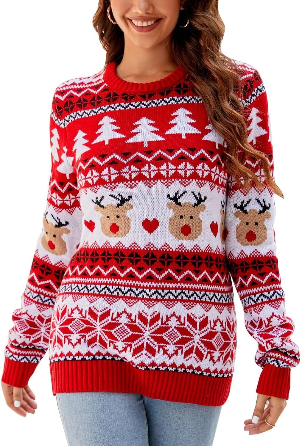 Christmas Jumper, Women Christmas Pullover Sweater round Neck Long Sleeve Color Snowflakes Knitted Xmas Long Sweater Top for Home Party Casual Wear (A1051)