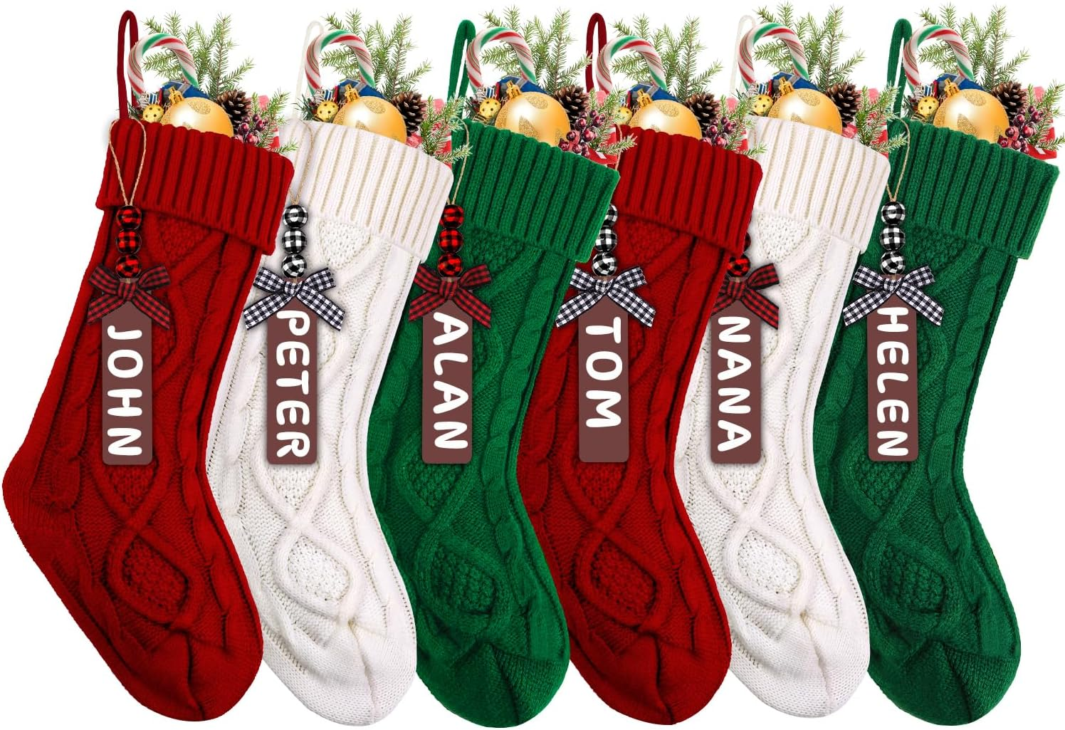 XIMISHOP 6PACK Christmas Stockings,18Inches Large Cable Knitted Stocking Personalized Xmas Hanging Stocking Decorations with Name Tags for Holiday Christmas Party Family Decor (Red White Green)