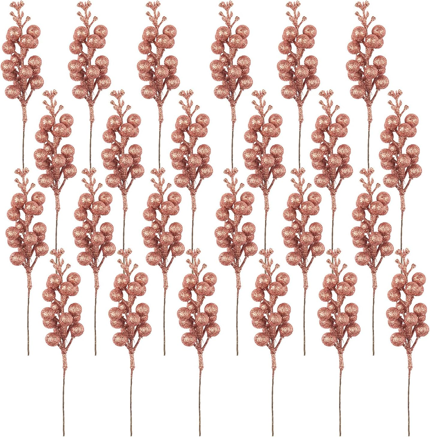 Crafare 24 Pack Rose Gold Christmas Glitter Berries Stems Artificial Christmas Picks for Christmas Tree Ornaments Wreath, Crafts, Holiday and Home Decor