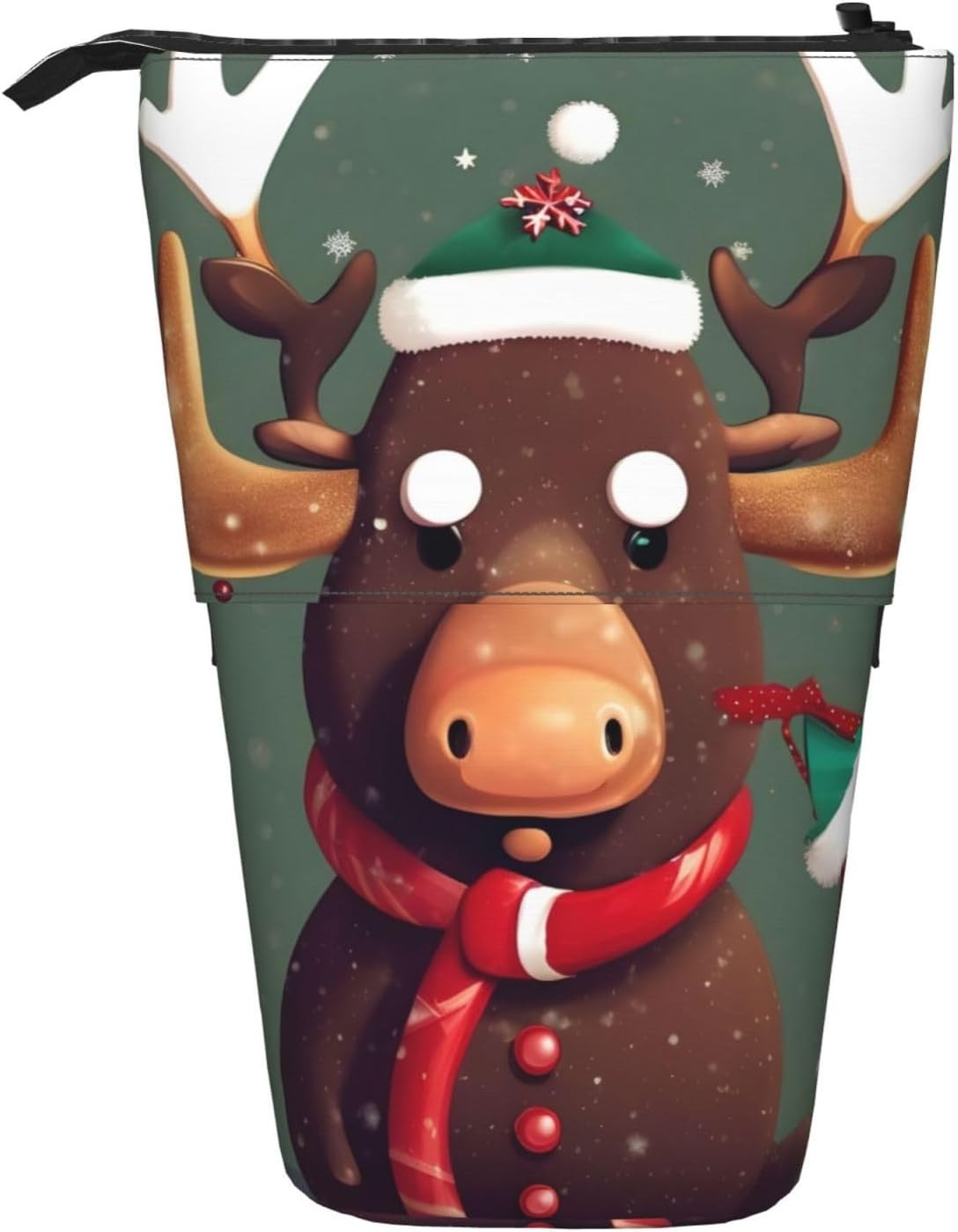 WURTON Funny Christmas Moose Head Print Pencil Case Telescopic Stationery Storage Bag for Supplies, Office Makeup Storage