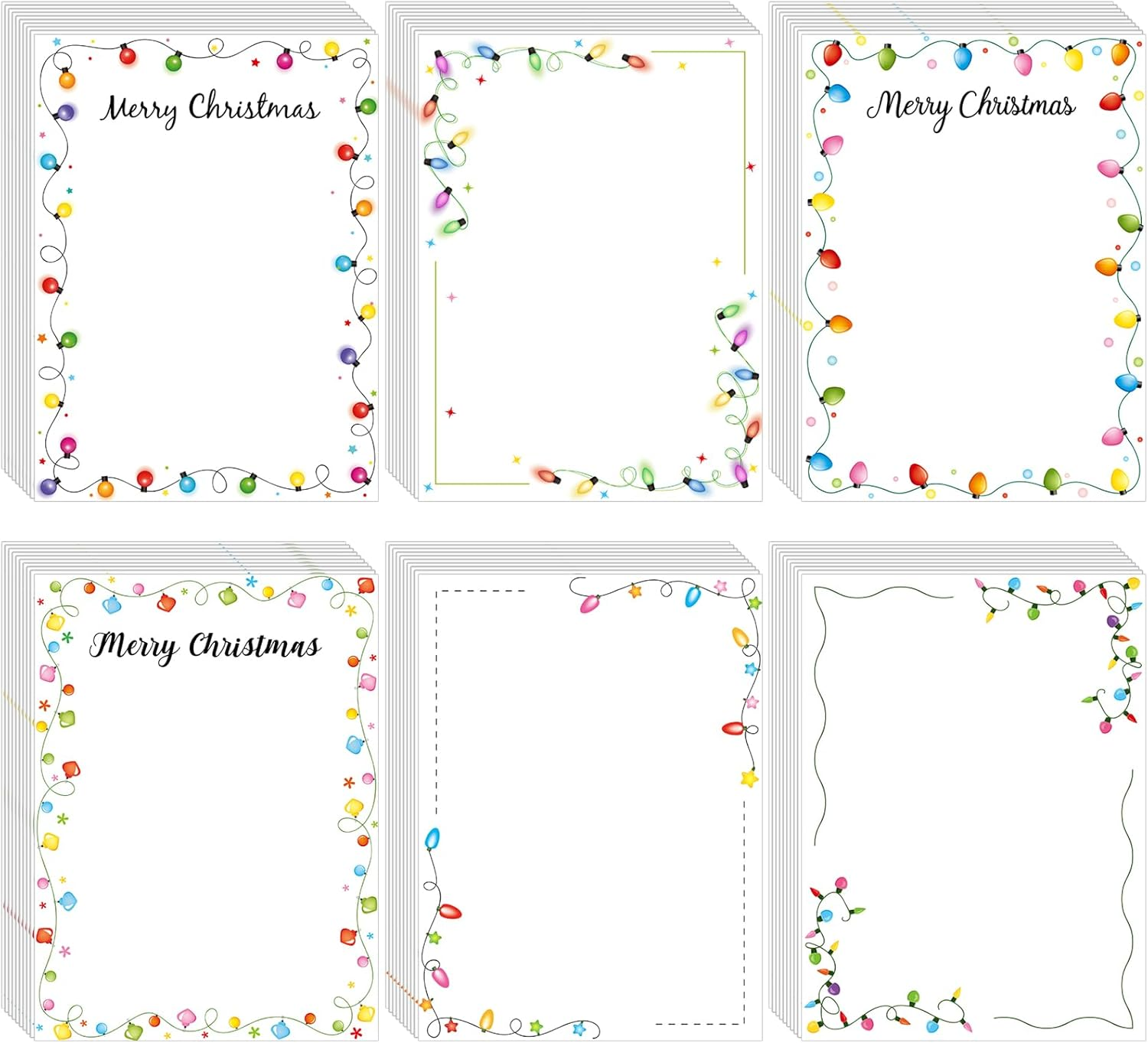 Weekgrat 180 Pcs Christmas Stationery Paper String Light Christmas Stationery Paper Colorful Xmas Light Paper Merry Christmas Holiday Letterhead for Invitations Office School Writing, 8.5 X 11 Inch