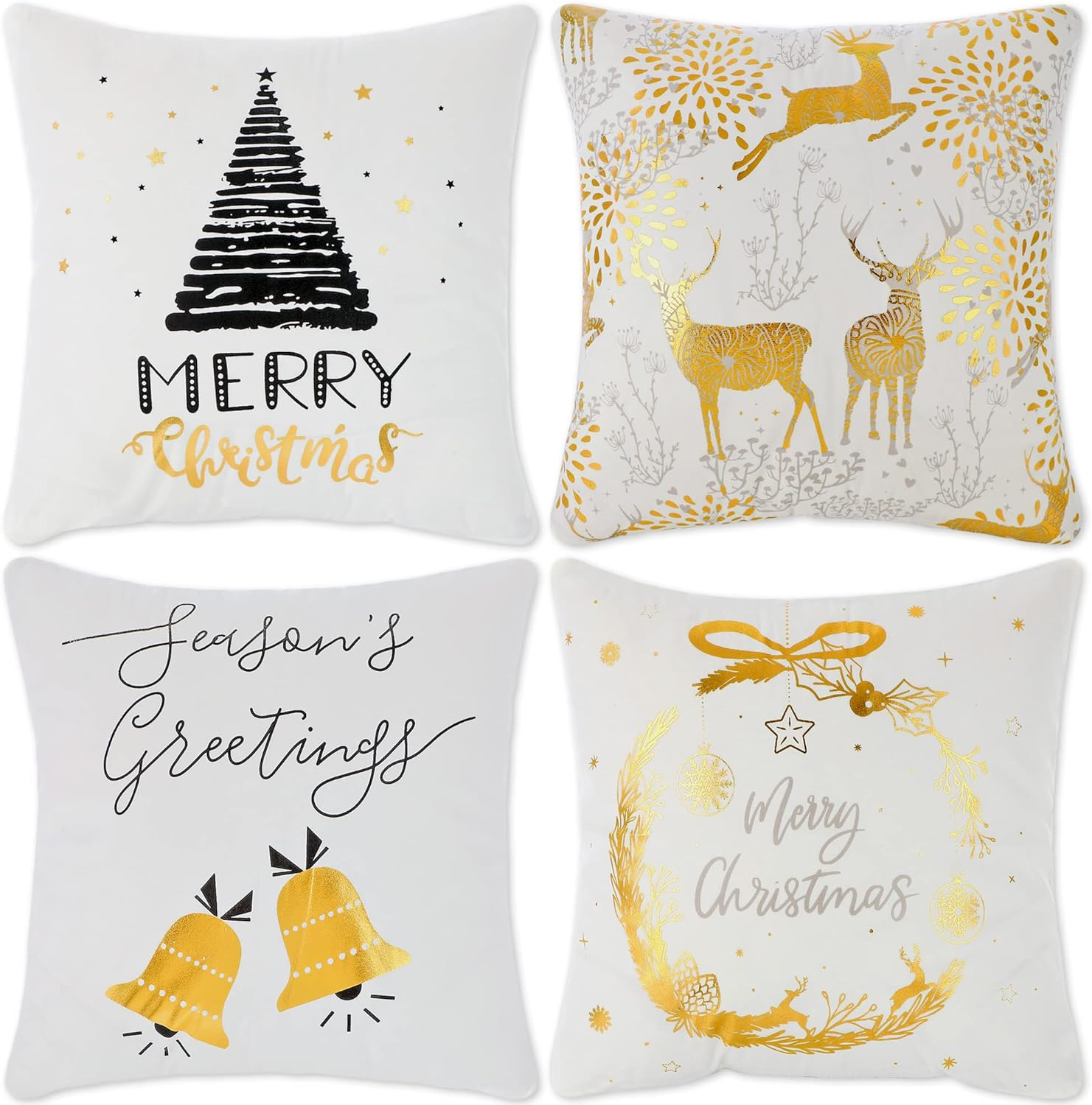 Decorative Pillow Covers 4 Pack 18X18 Gold Hot Stamping Print White Soft Velvet Throw Pillow Cases (Merry Christmas)