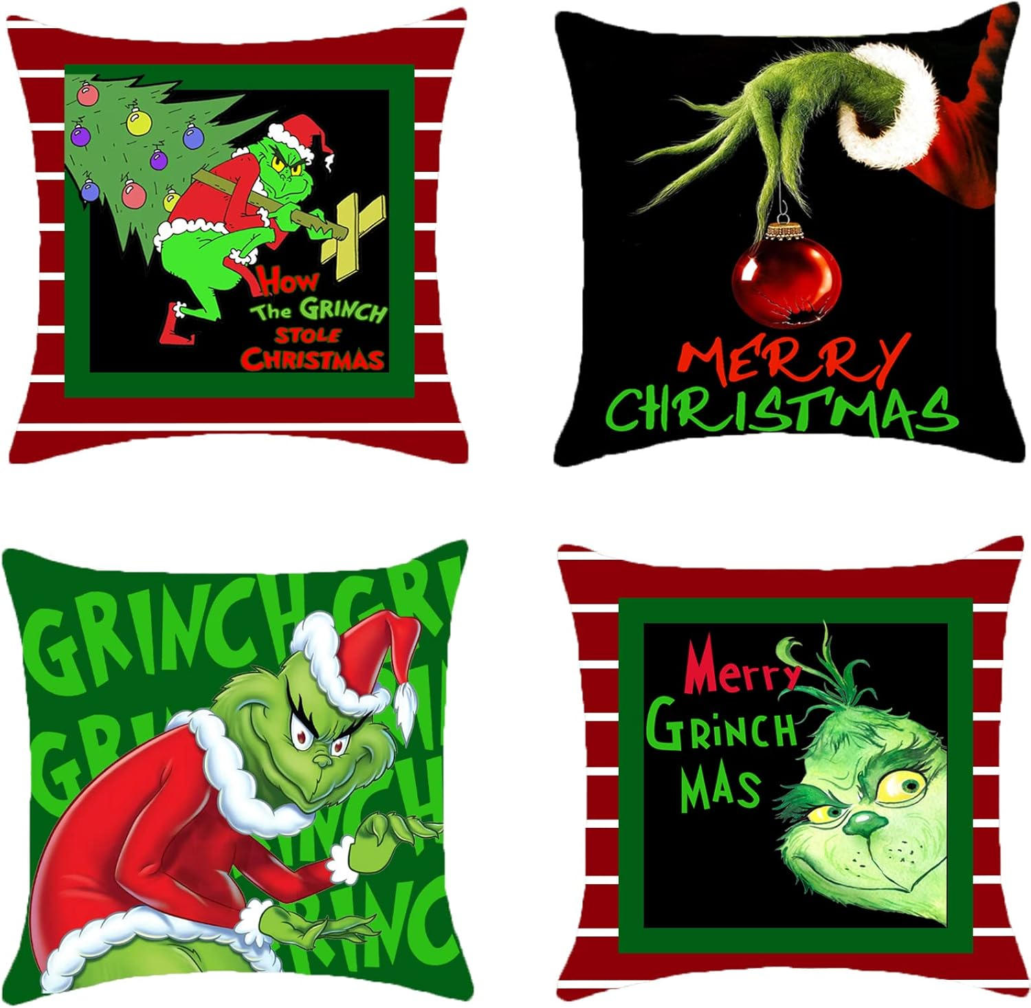 Christmas Pillow Covers 18X18 Inch Set of 4 for Christmas Decorations Winter Xmas Farmhouse Pillow Case, Merry Grinchmas Throw Pillow Covers Cotton Linen Pillow Case Grinch Holiday Decor for Home