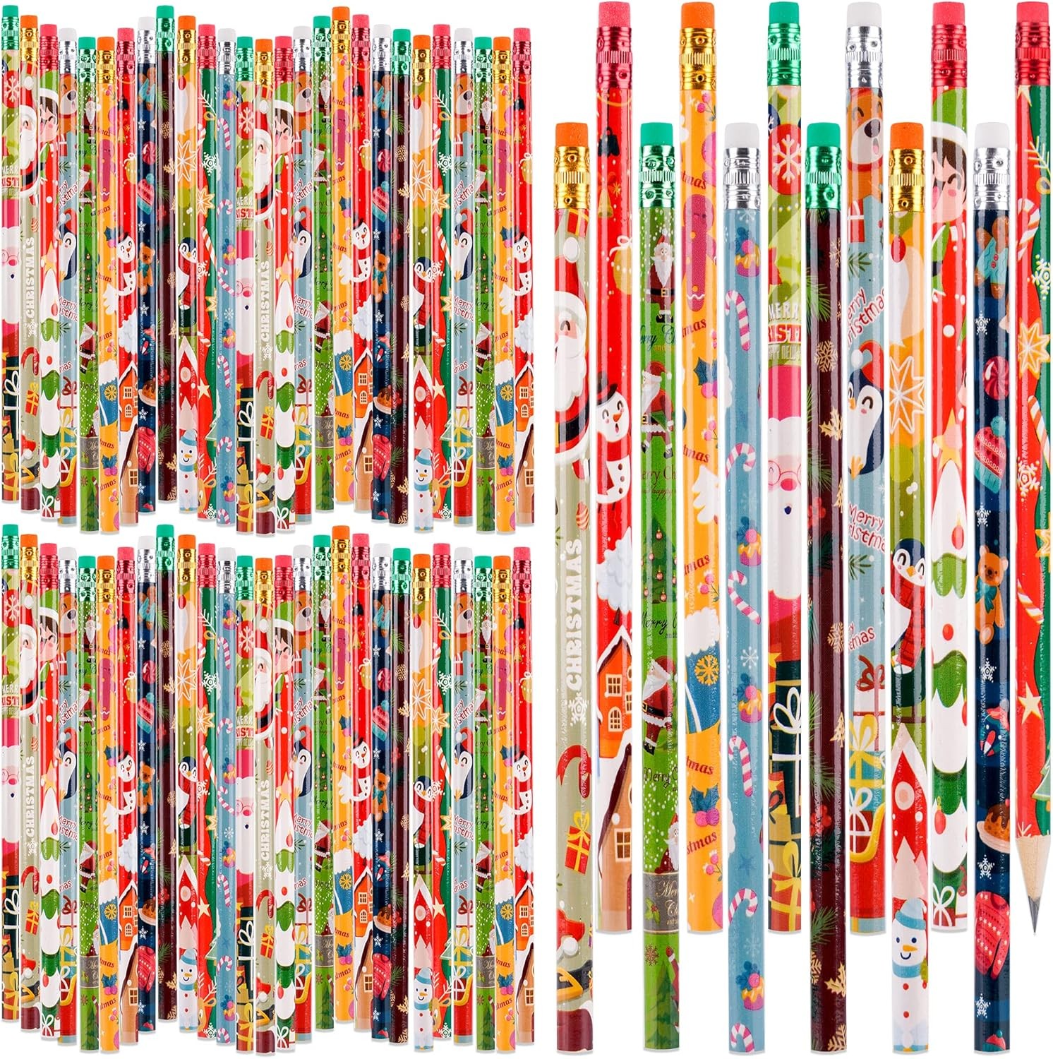 Kolewo4Ever 100 Pieces Christmas Pencils Xmas Wood Pencils with Eraser Tops Snowman, Santa and Elk Pencil Assortment Christmas Stationery Pencil,12 Styles (100)